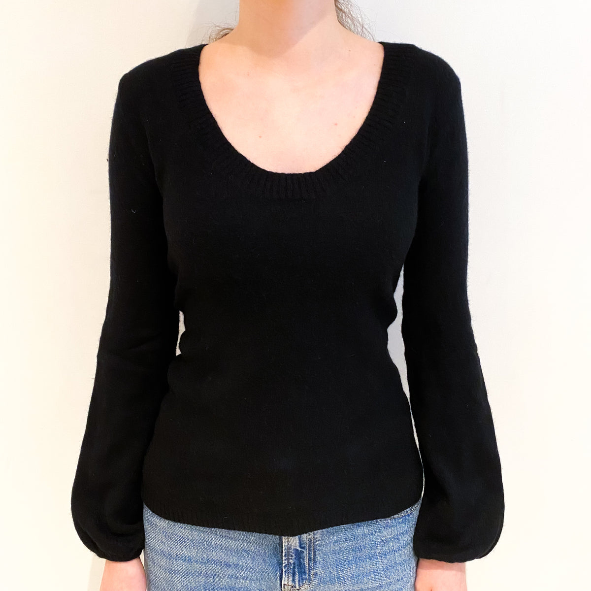 Black Balloon Cuff Cashmere Scoop Neck Jumper Extra Small