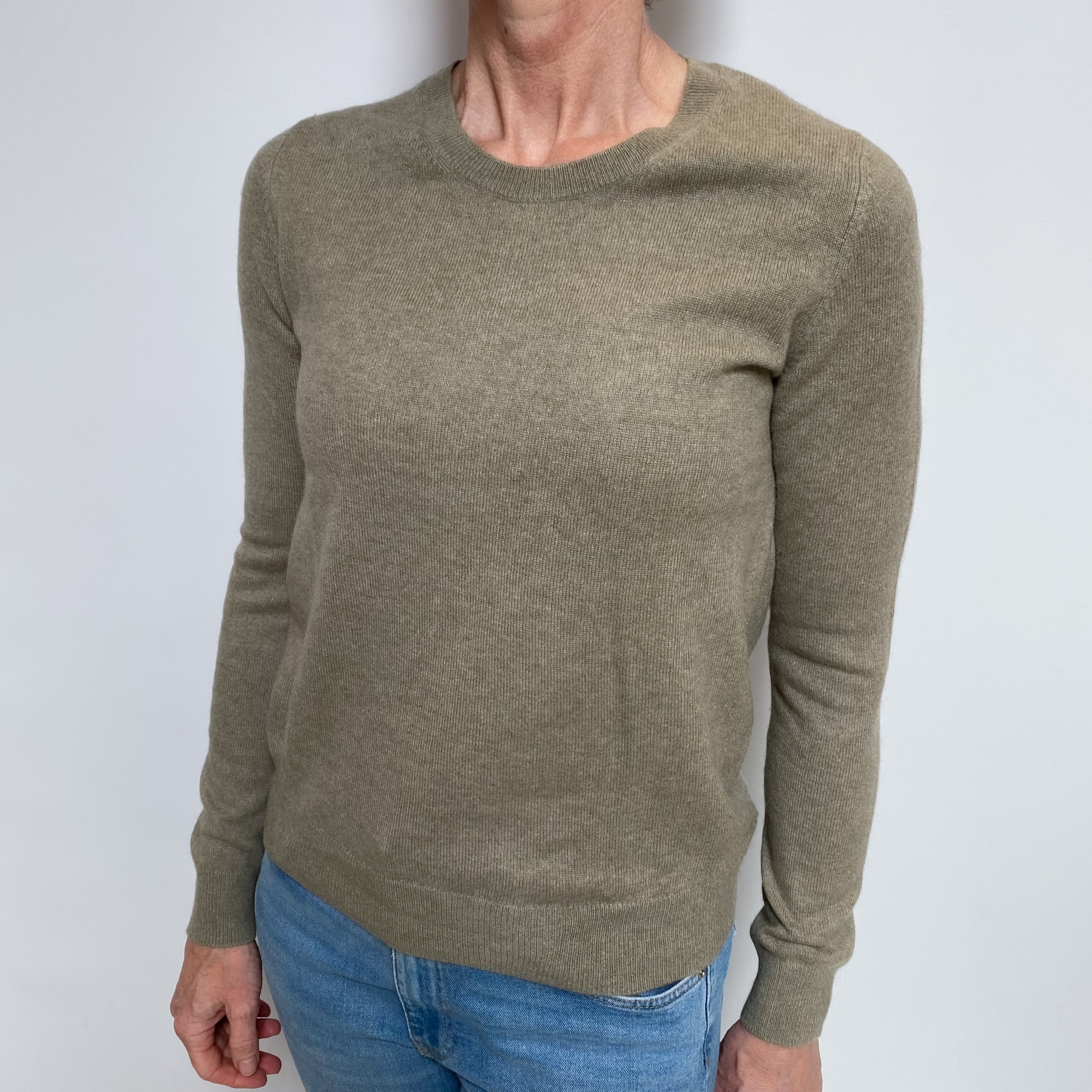 Soft Khaki Green Cashmere Crew Neck Jumper Small