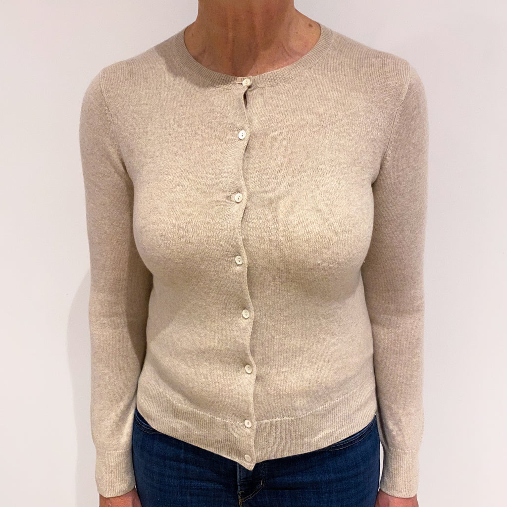 Oatmeal Beige Cashmere Crew Neck Cardigan Medium