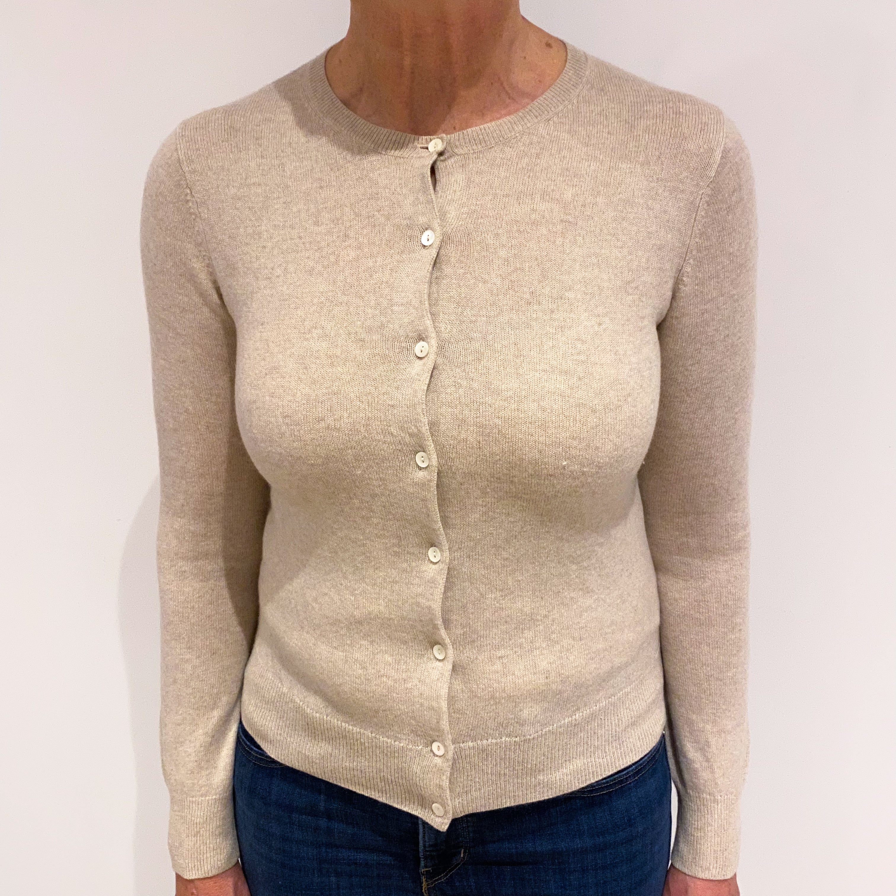 Oatmeal Beige Cashmere Crew Neck Cardigan Medium