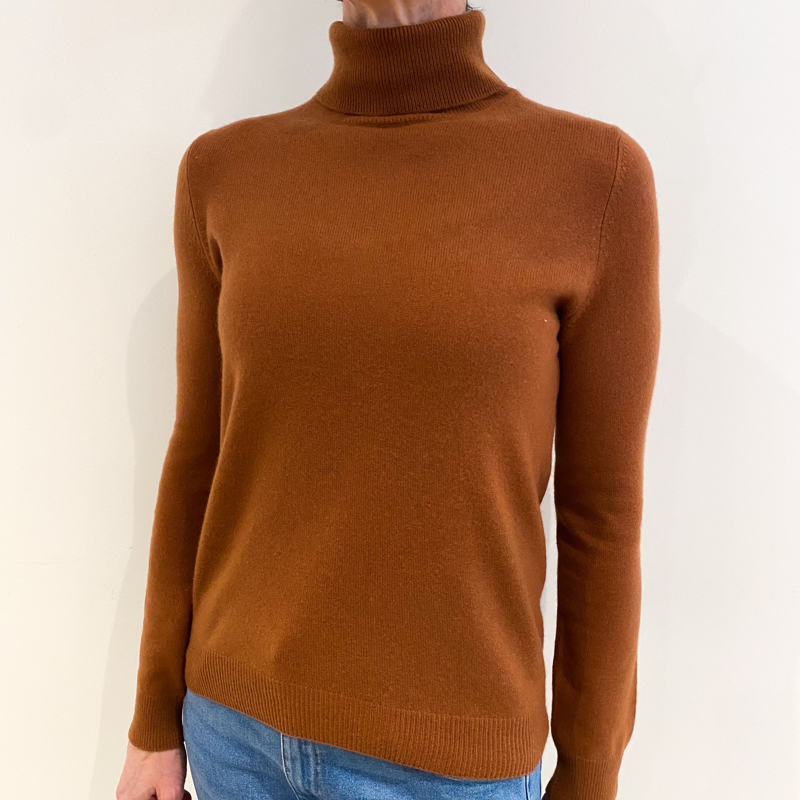 Rust Brown Cashmere Polo Neck Jumper Small