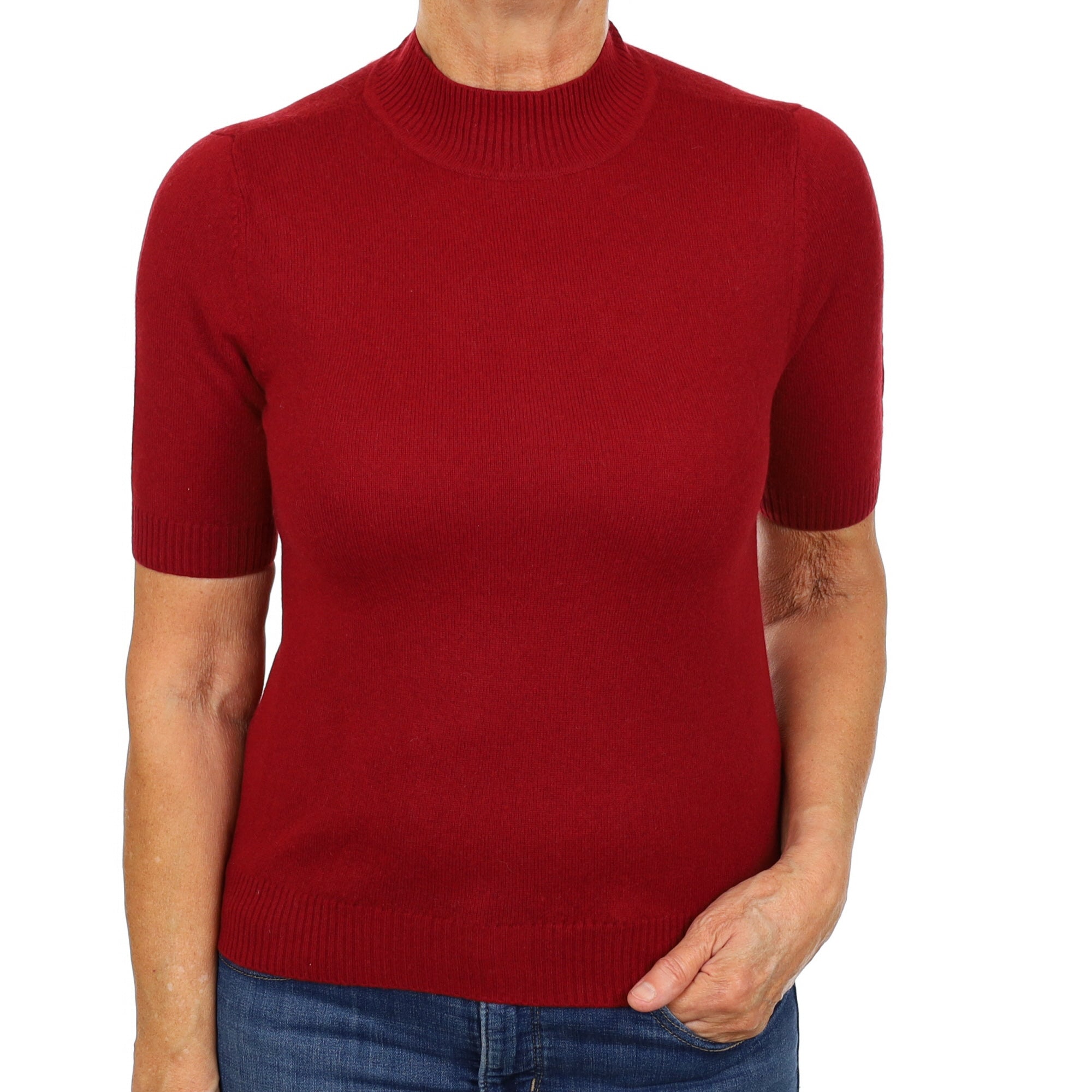 Crimson Red Cashmere Turtle Neck Jumper Short Sleeved Medium