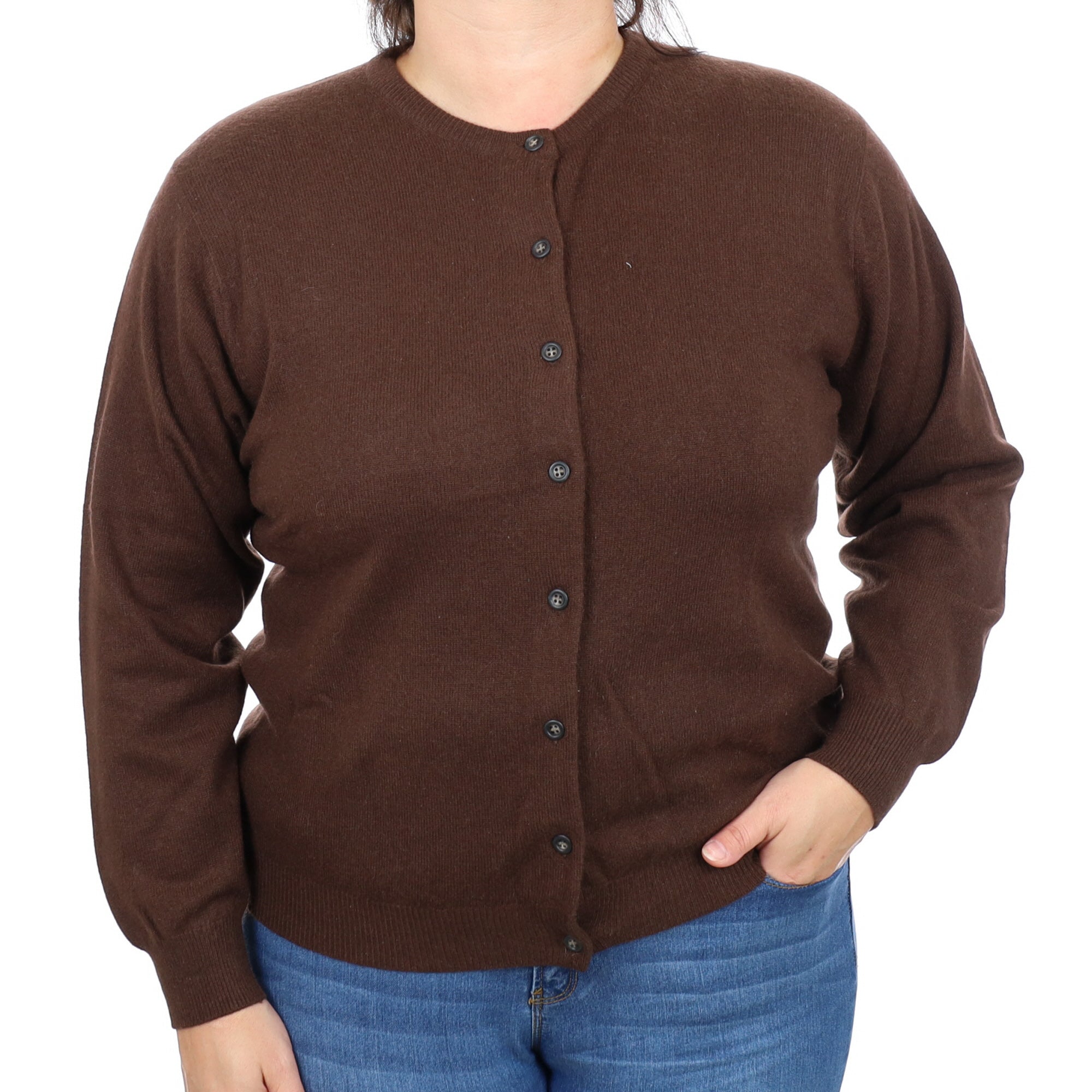 Chocolate Brown Cashmere Crew Neck Cardigan Large