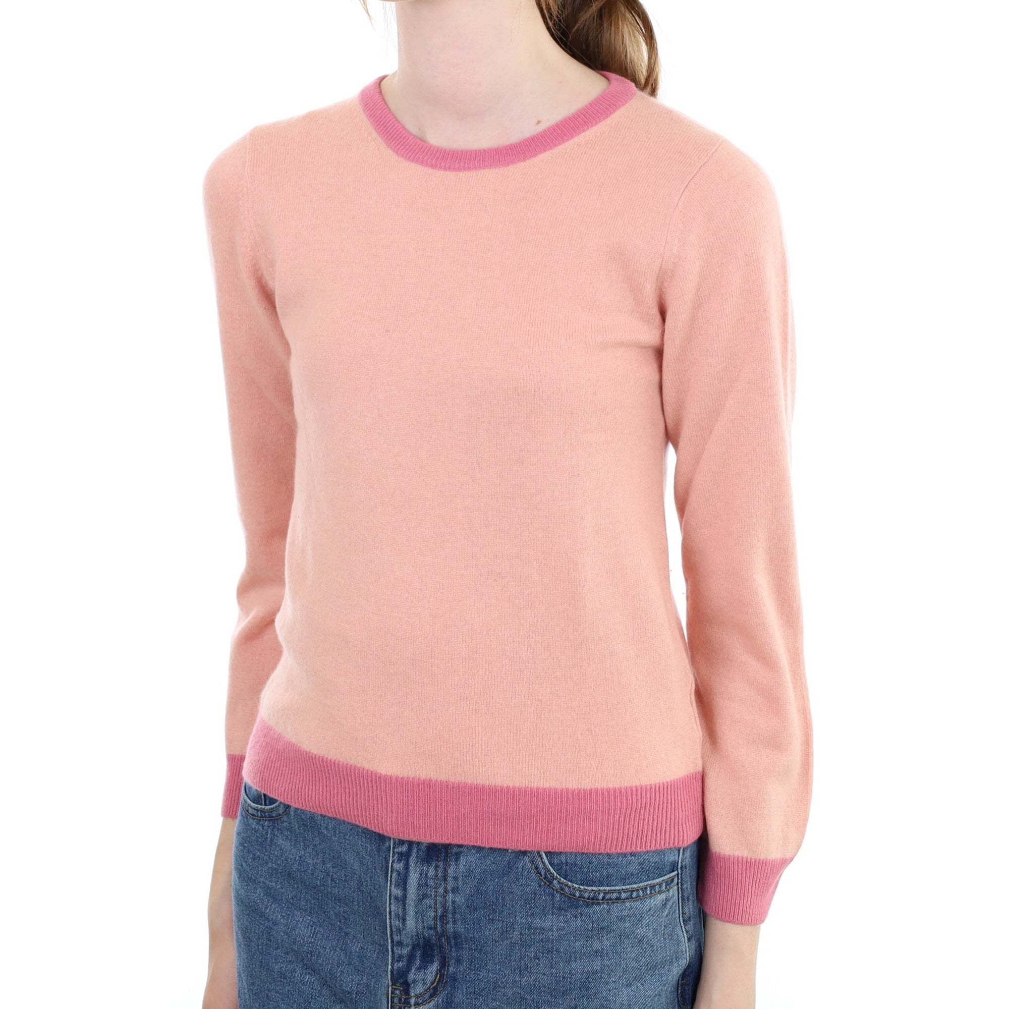 Two Tone Pink Cashmere Crew Neck Jumper Extra Small