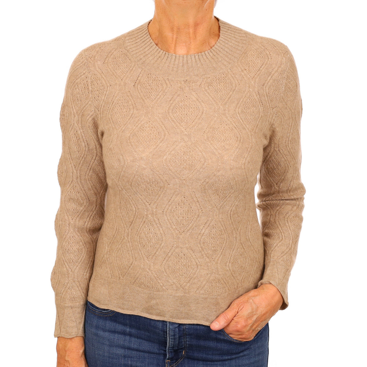 Taupe Brown Lace Knit Cashmere Crew Neck Jumper Medium