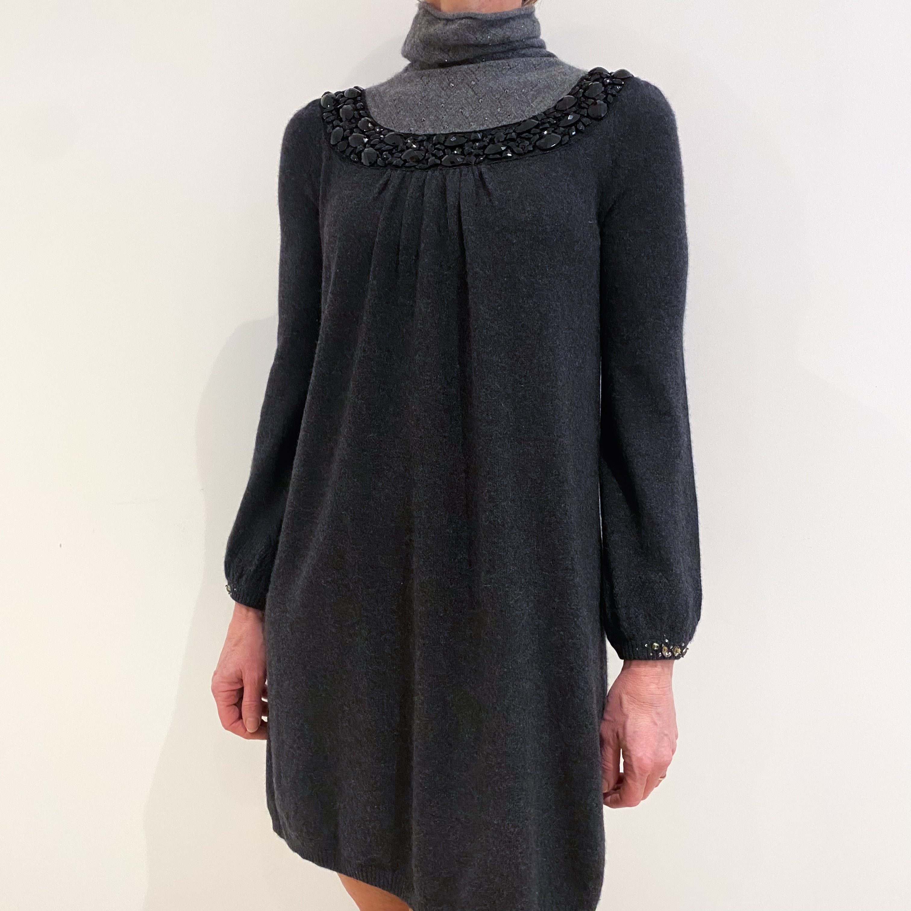 Charcoal Grey Beaded Cashmere Funnel Neck Dress Small