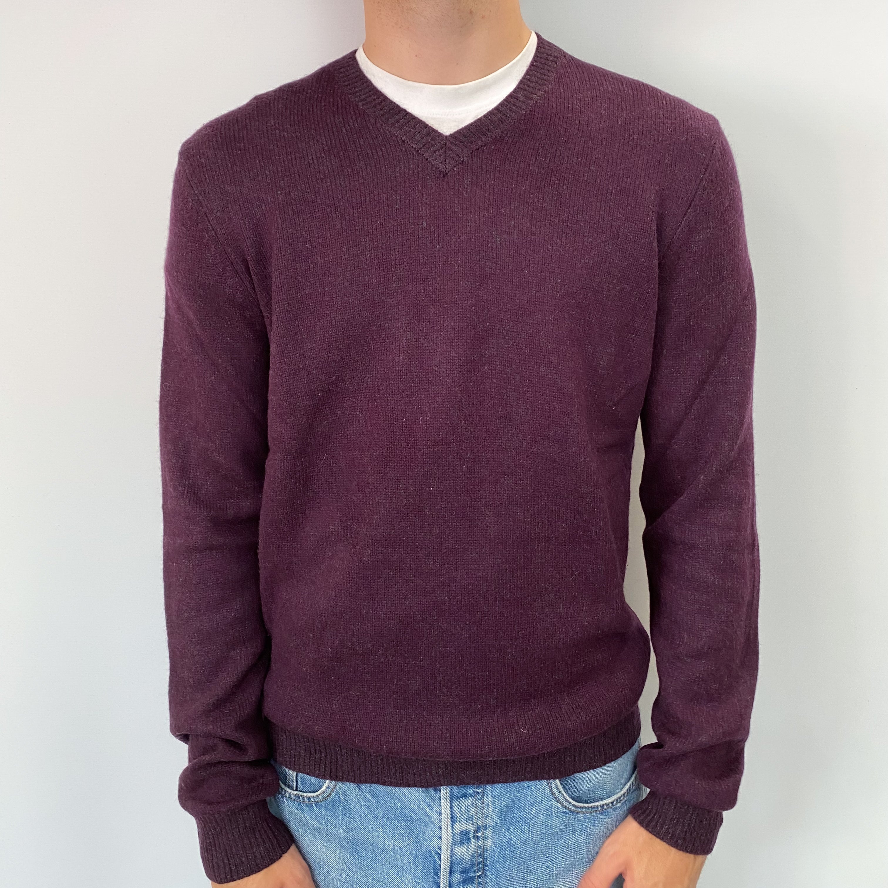 Men's Aubergine Purple Cashmere V Neck Jumper Large