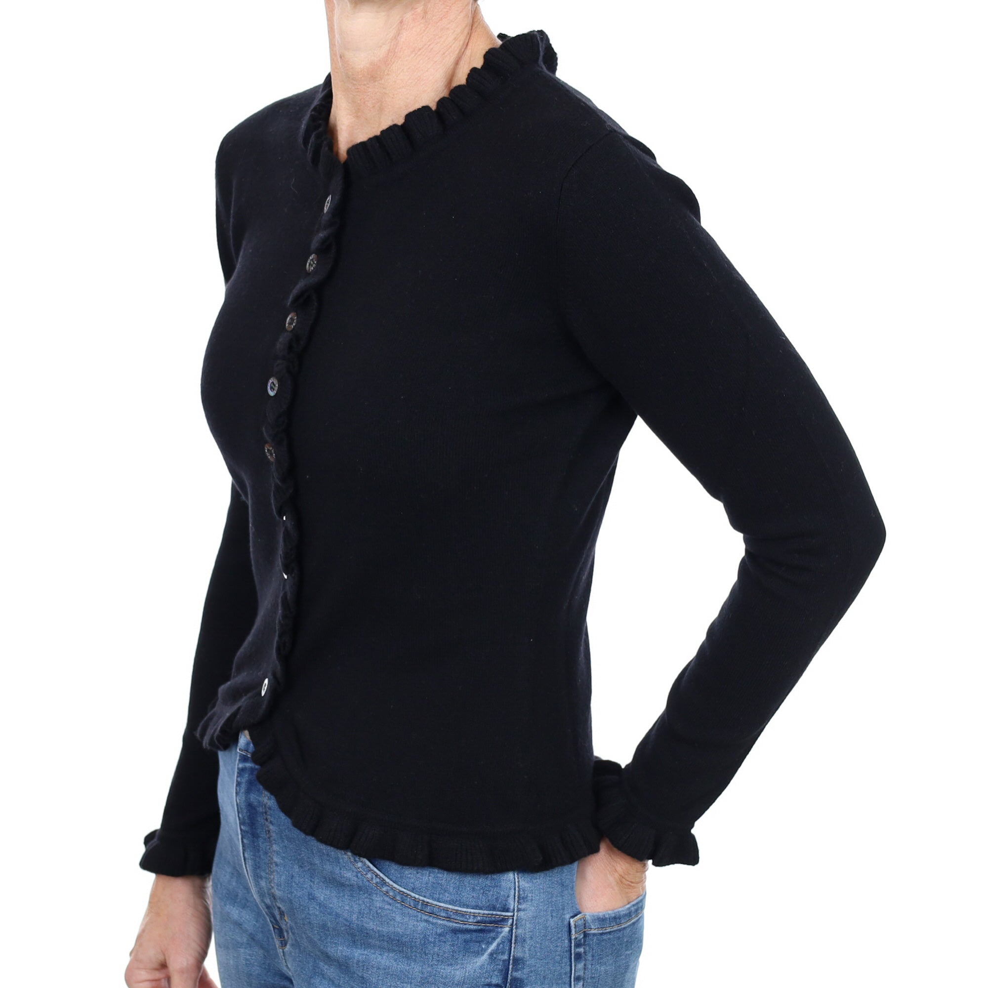 New Black Ruffle Cashmere Crew Neck Cardigan Small