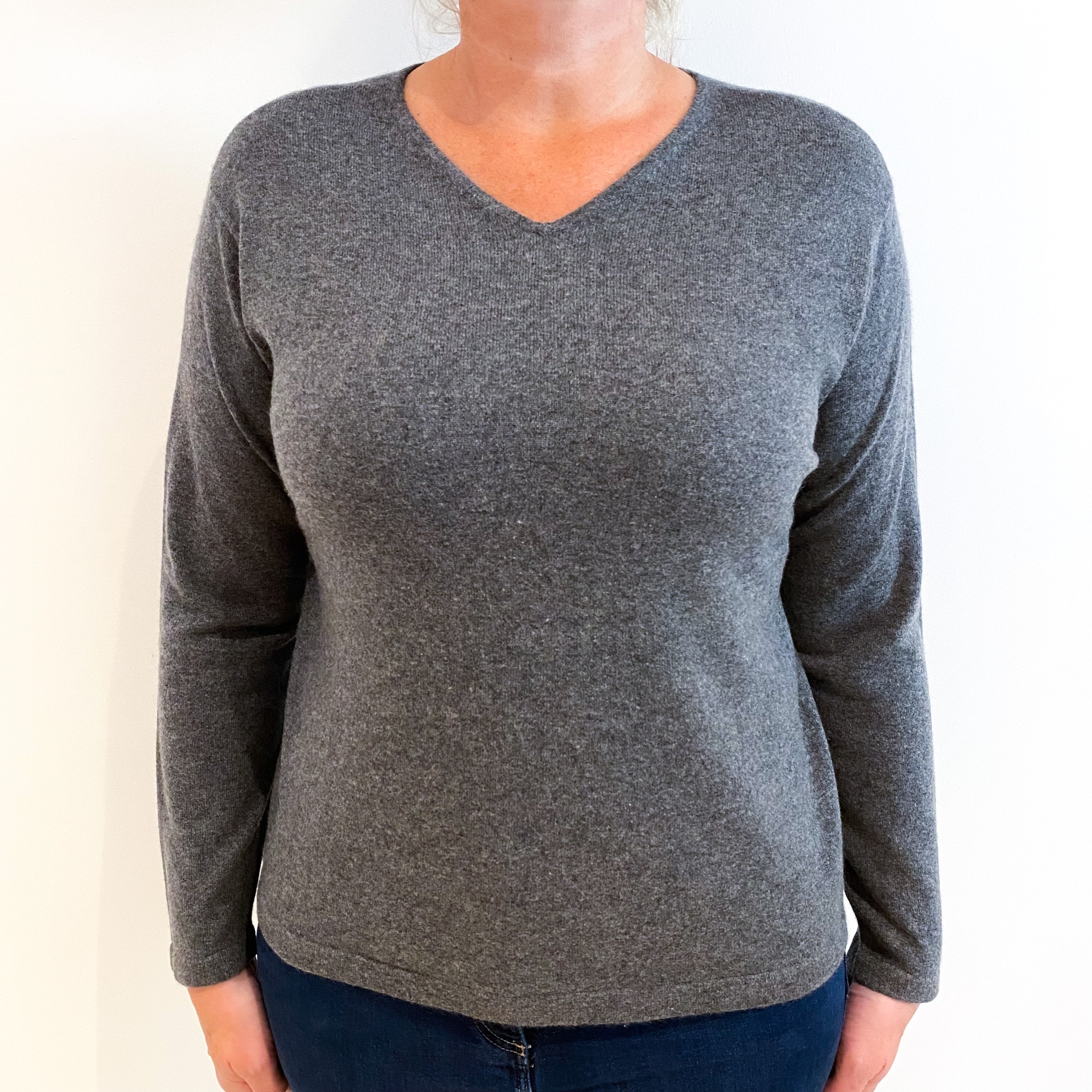 Slate Grey Cashmere V-Neck Jumper Large