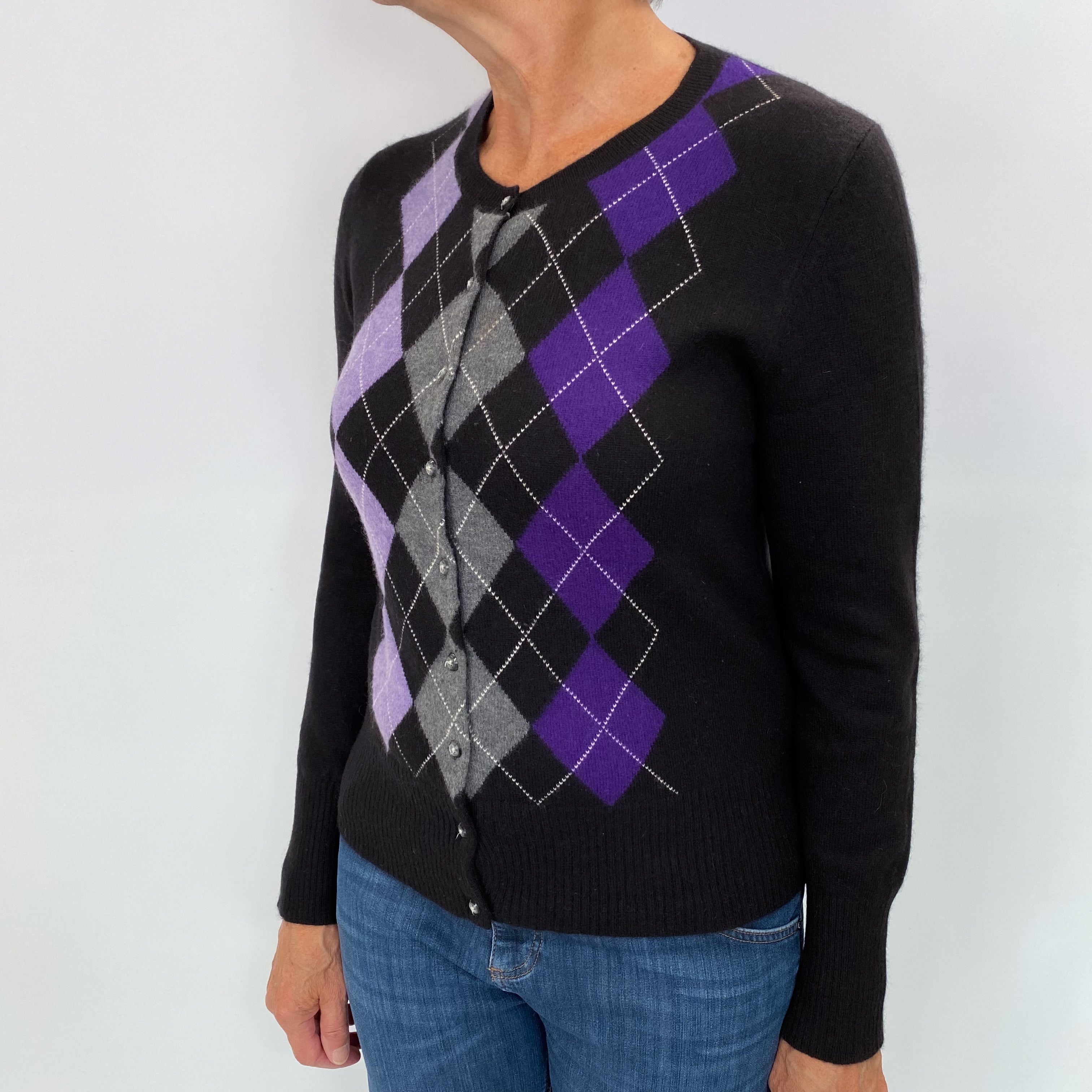 Black Argyle Cashmere Cardigan Medium