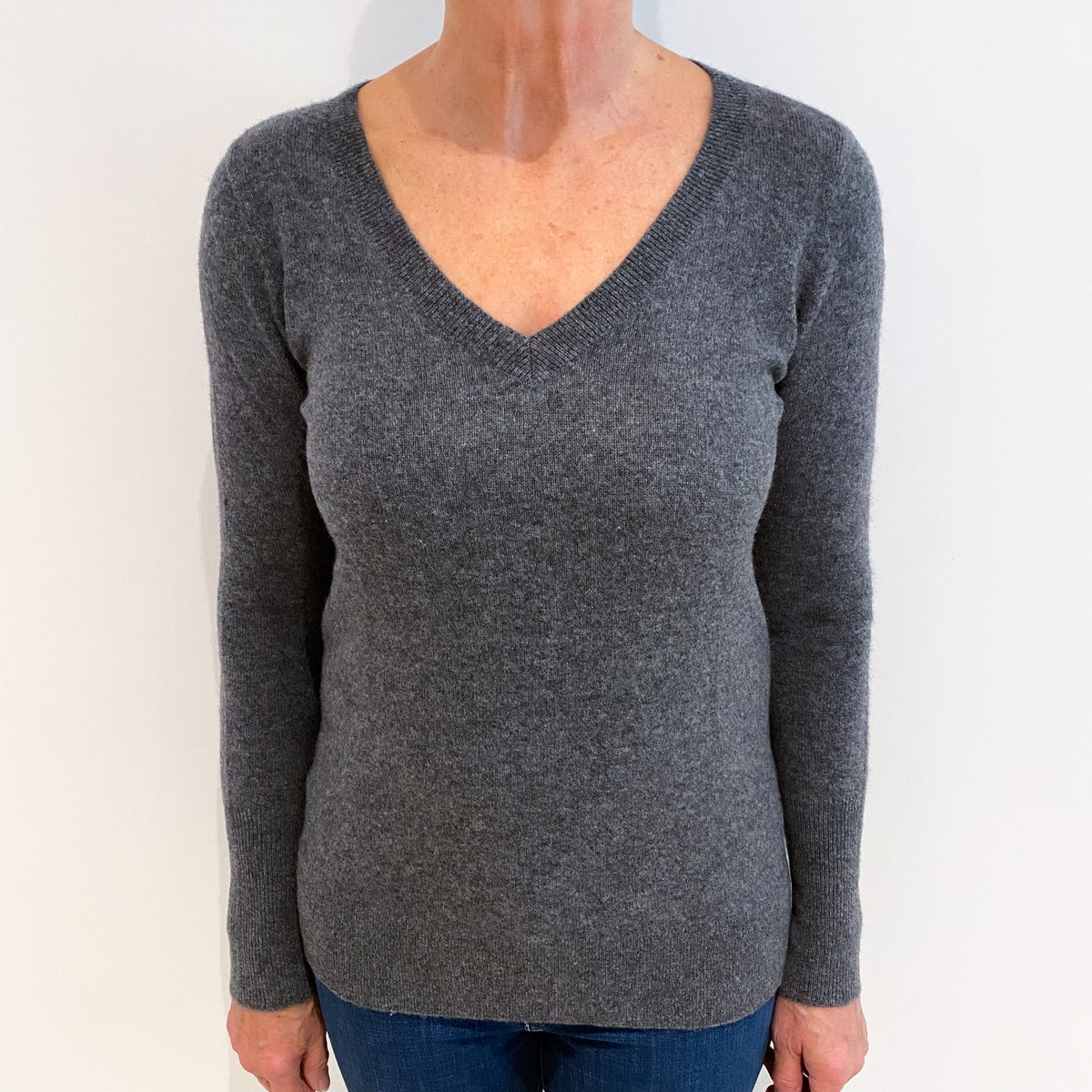 Slate Grey Cashmere V Neck Jumper Medium