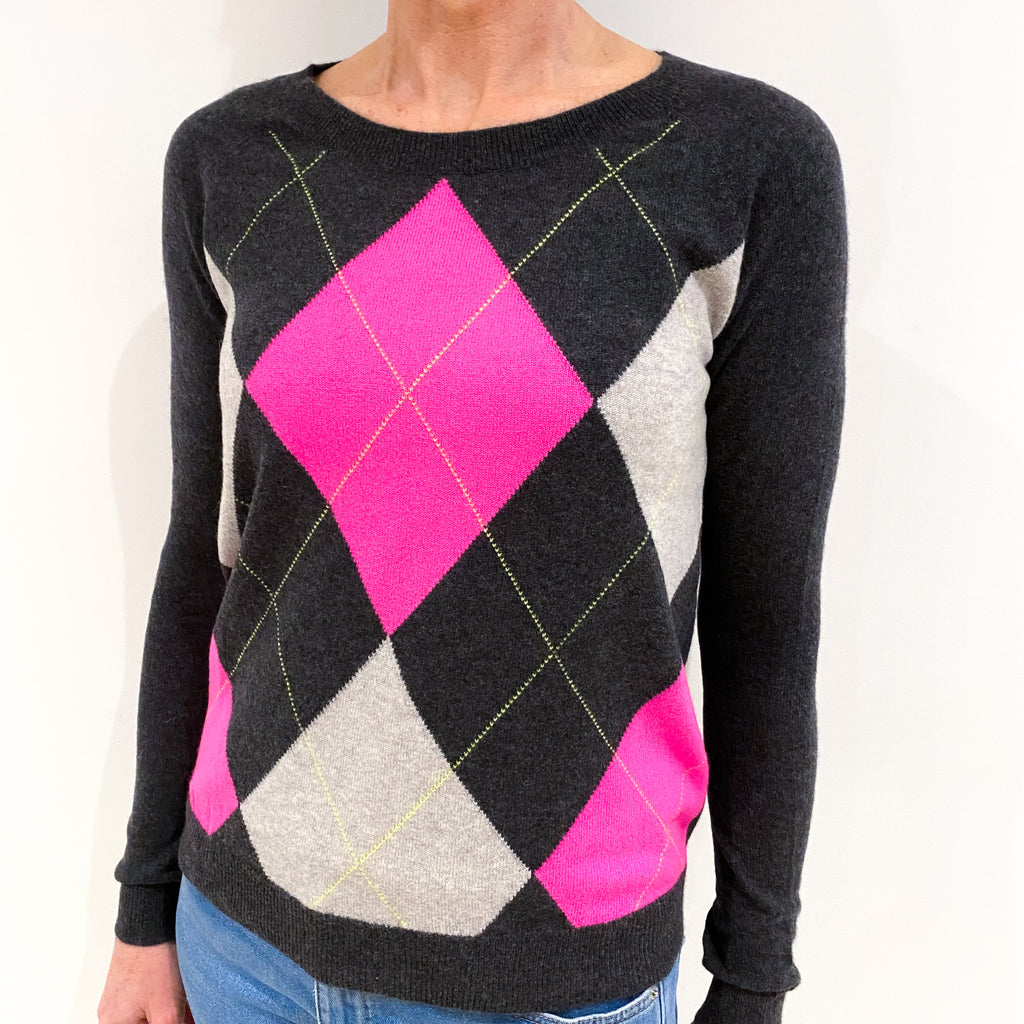 Charcoal Grey With Neon Pink and Grey Argyle Cashmere Crew Neck Jumper Small