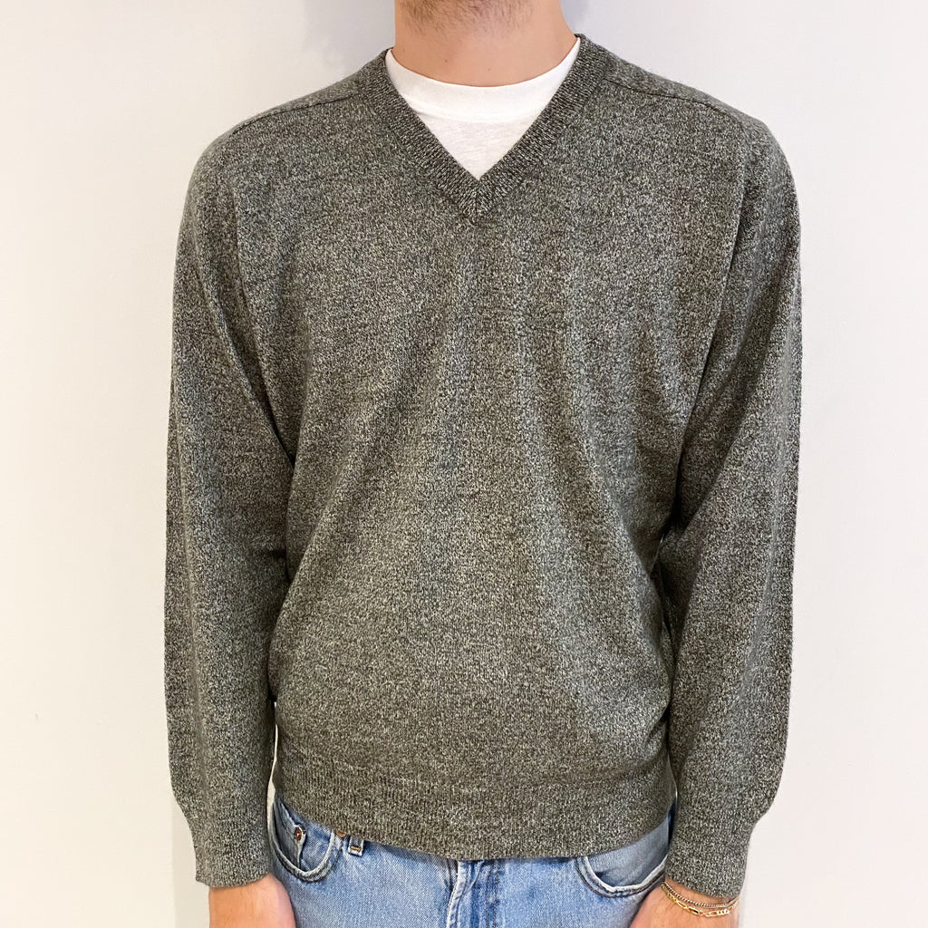 Men's Deep Khaki Green Cashmere V Neck Jumper Medium