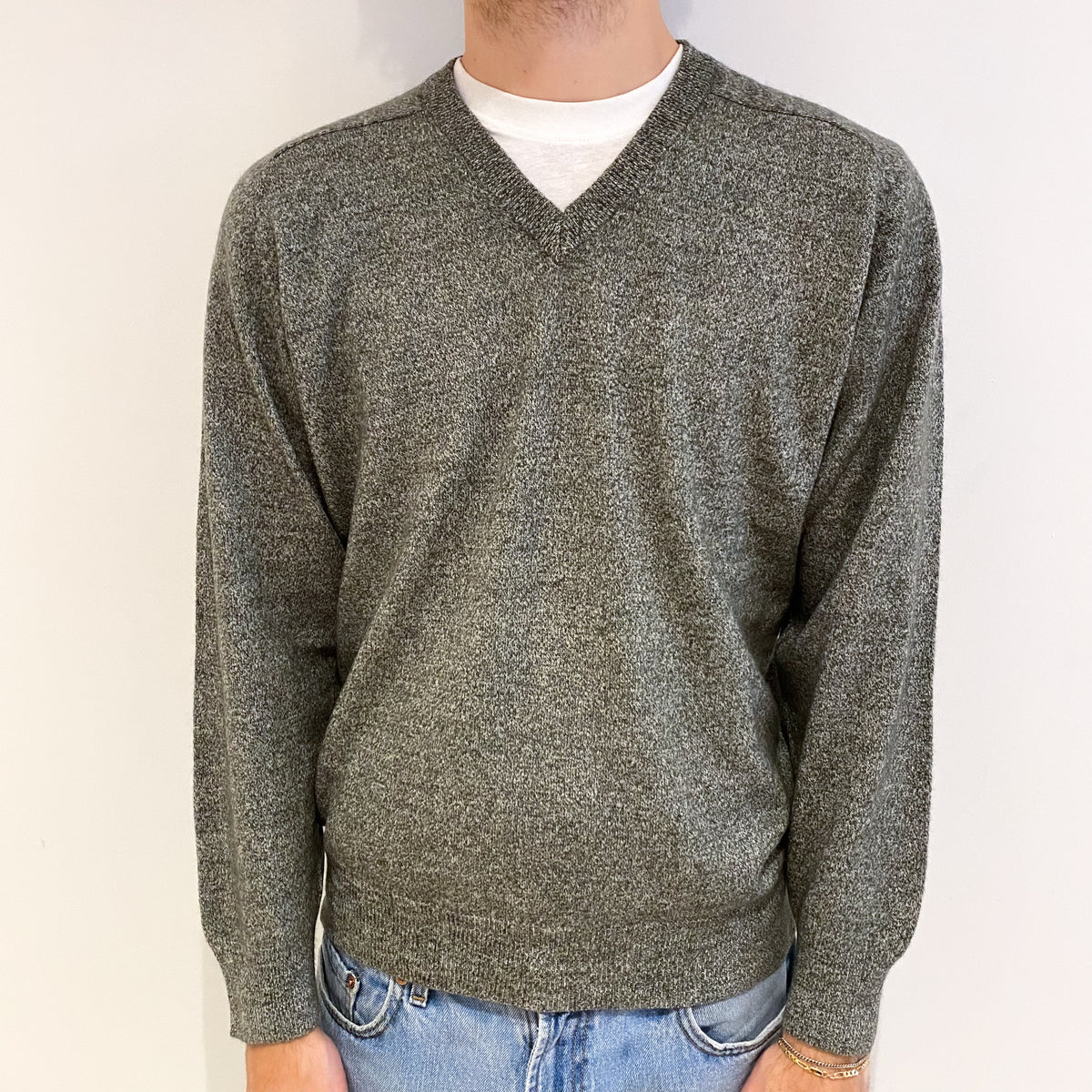 Men's Deep Khaki Green Cashmere V Neck Jumper Medium