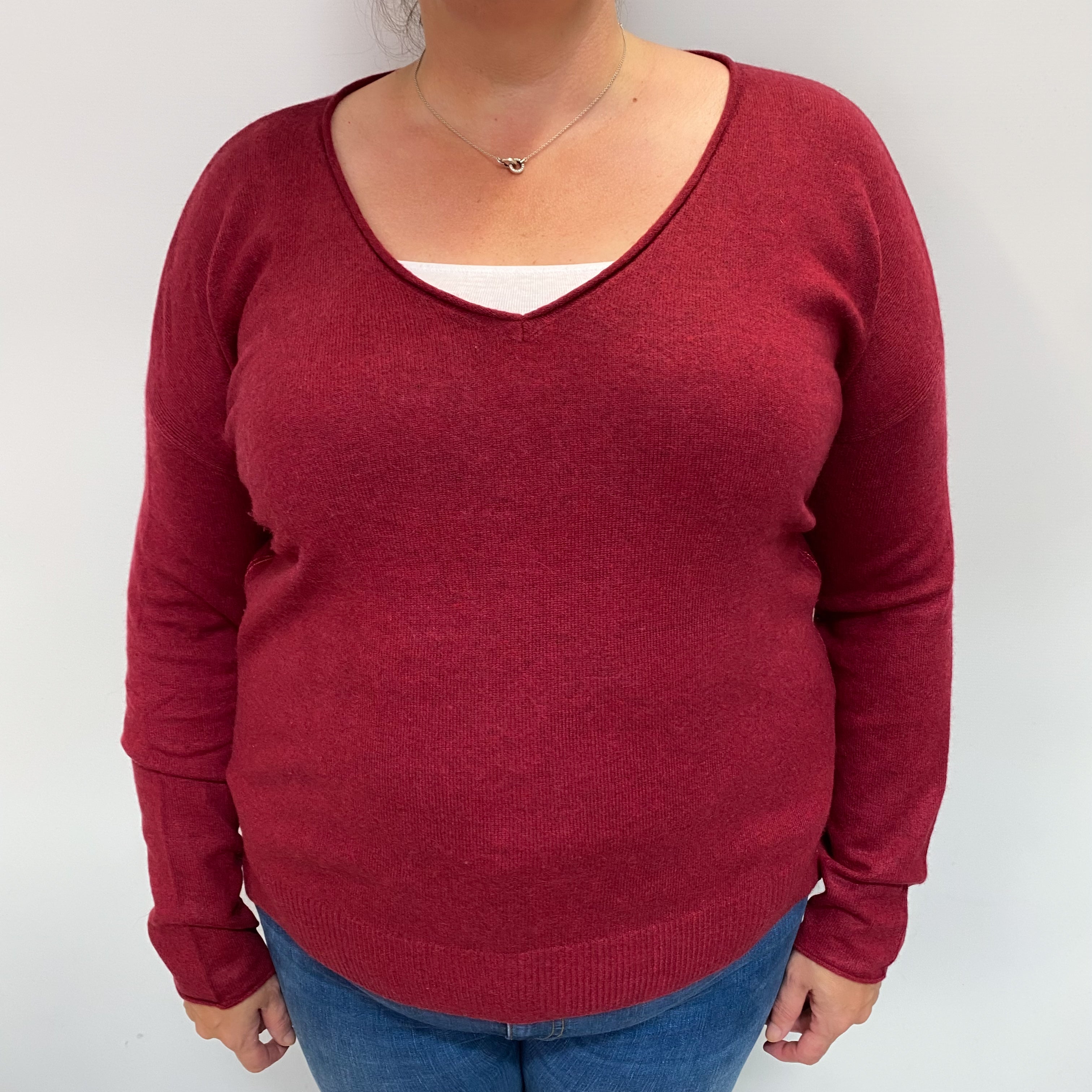 Burgundy Red Cashmere V Neck Jumper Extra Large