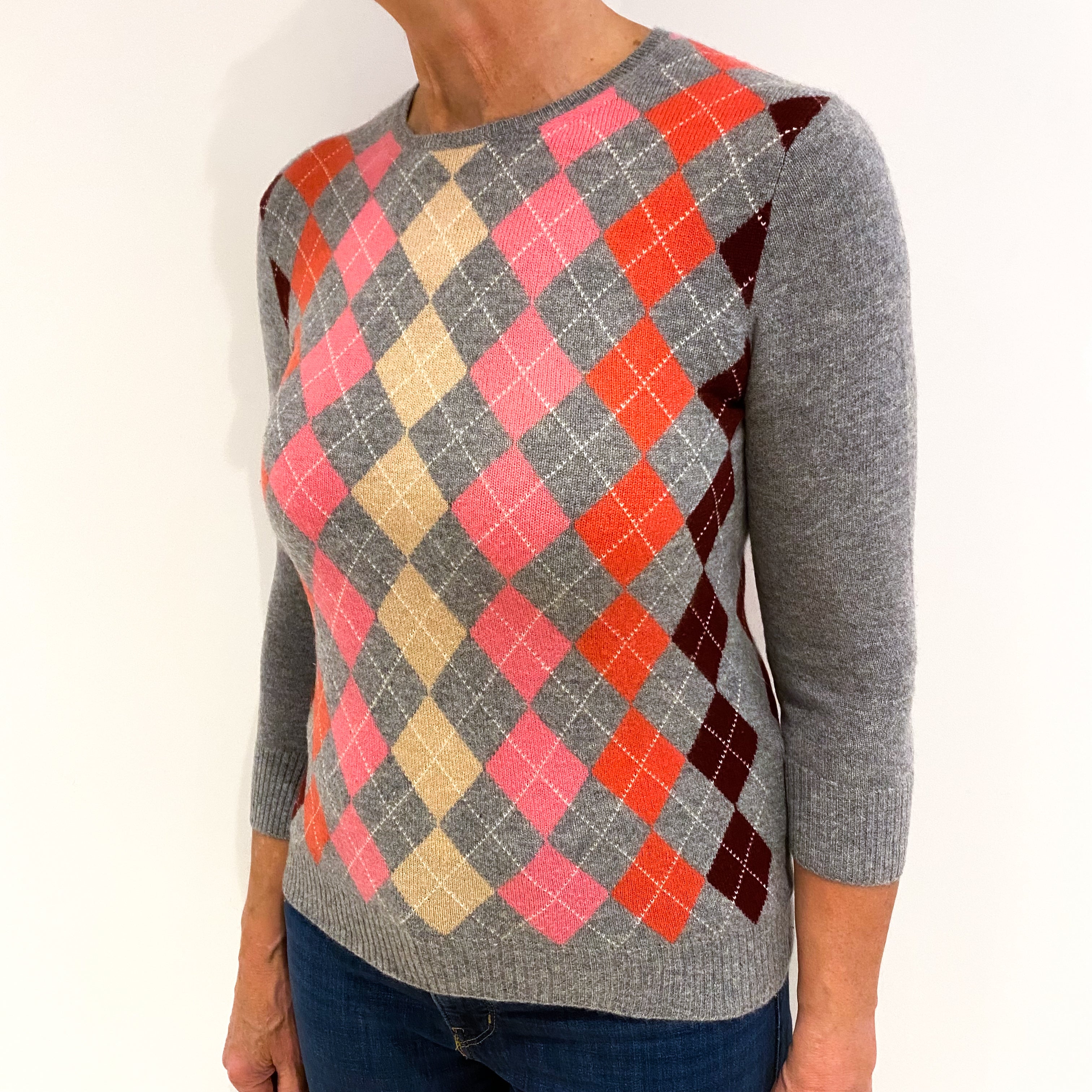 Magenta Pink and Ash Grey Argyle 3/4 Sleeve Cashmere Crew Neck Jumper Medium