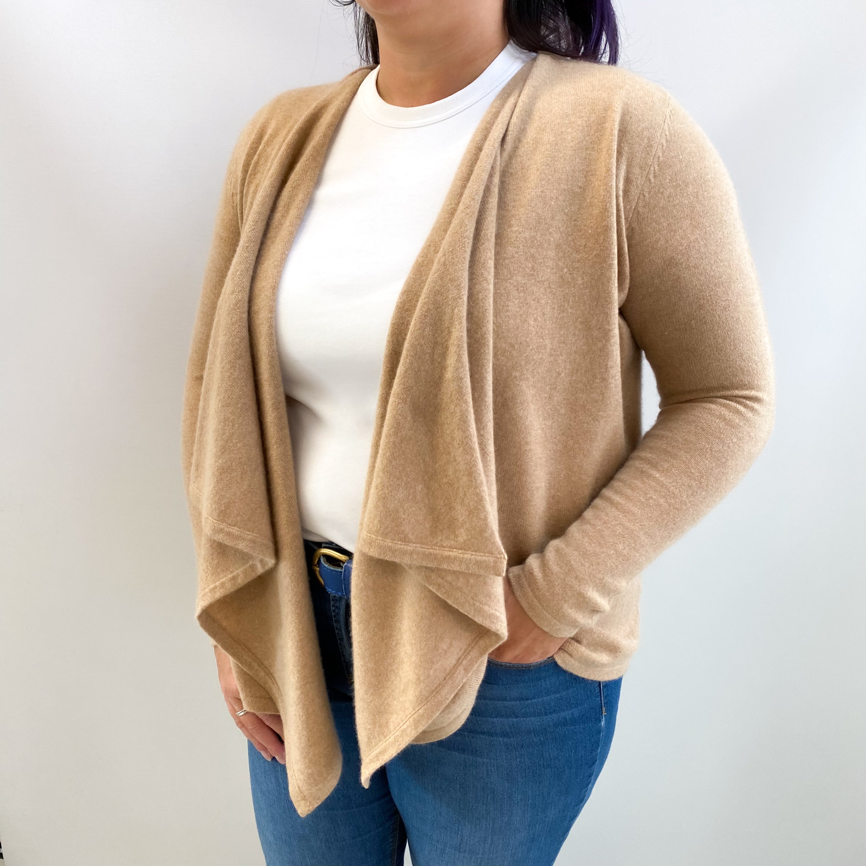 Caramel Brown Cashmere Waterfall Edge Cardigan Large