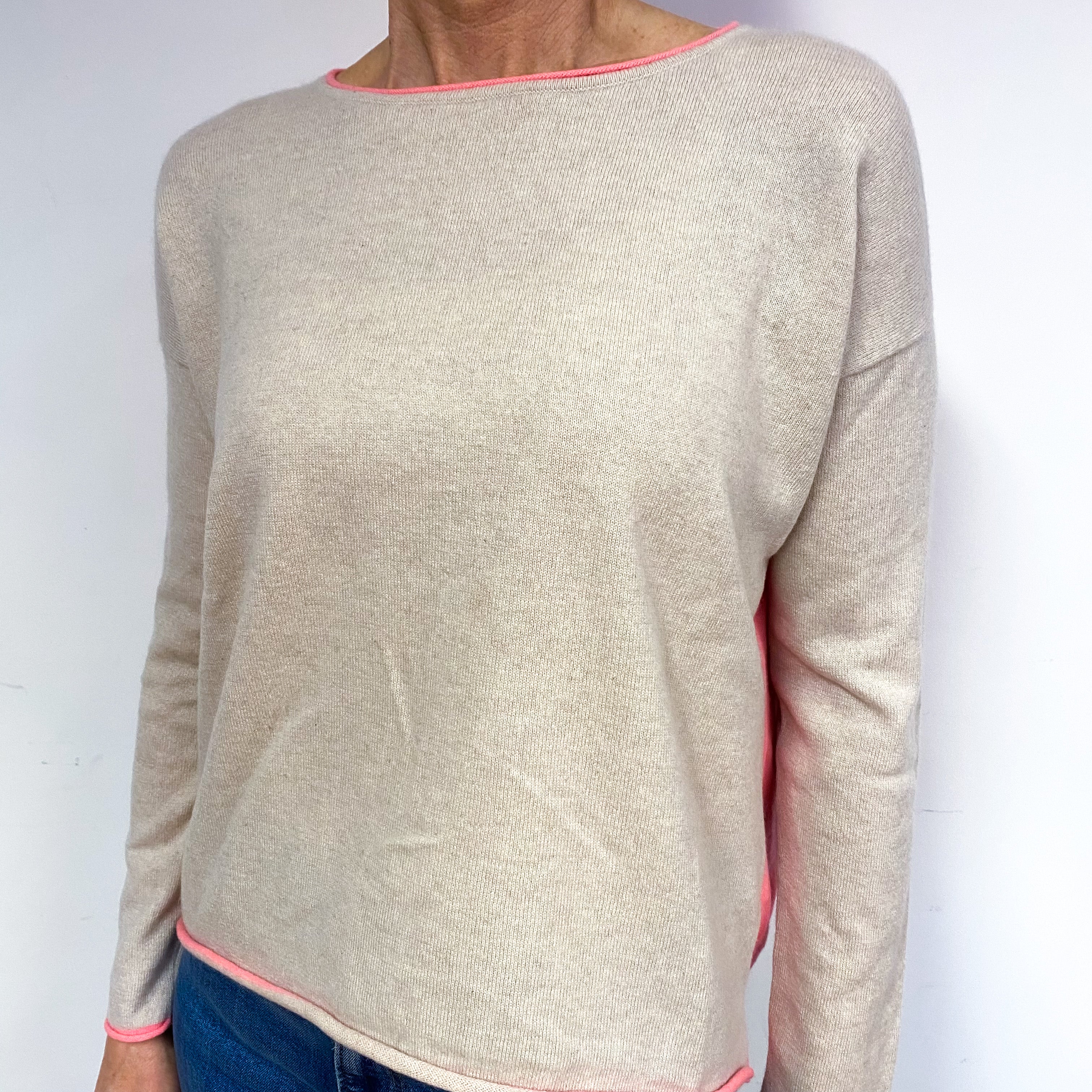 Buff Beige And Coral Pink Cashmere Crew Neck Jumper Medium