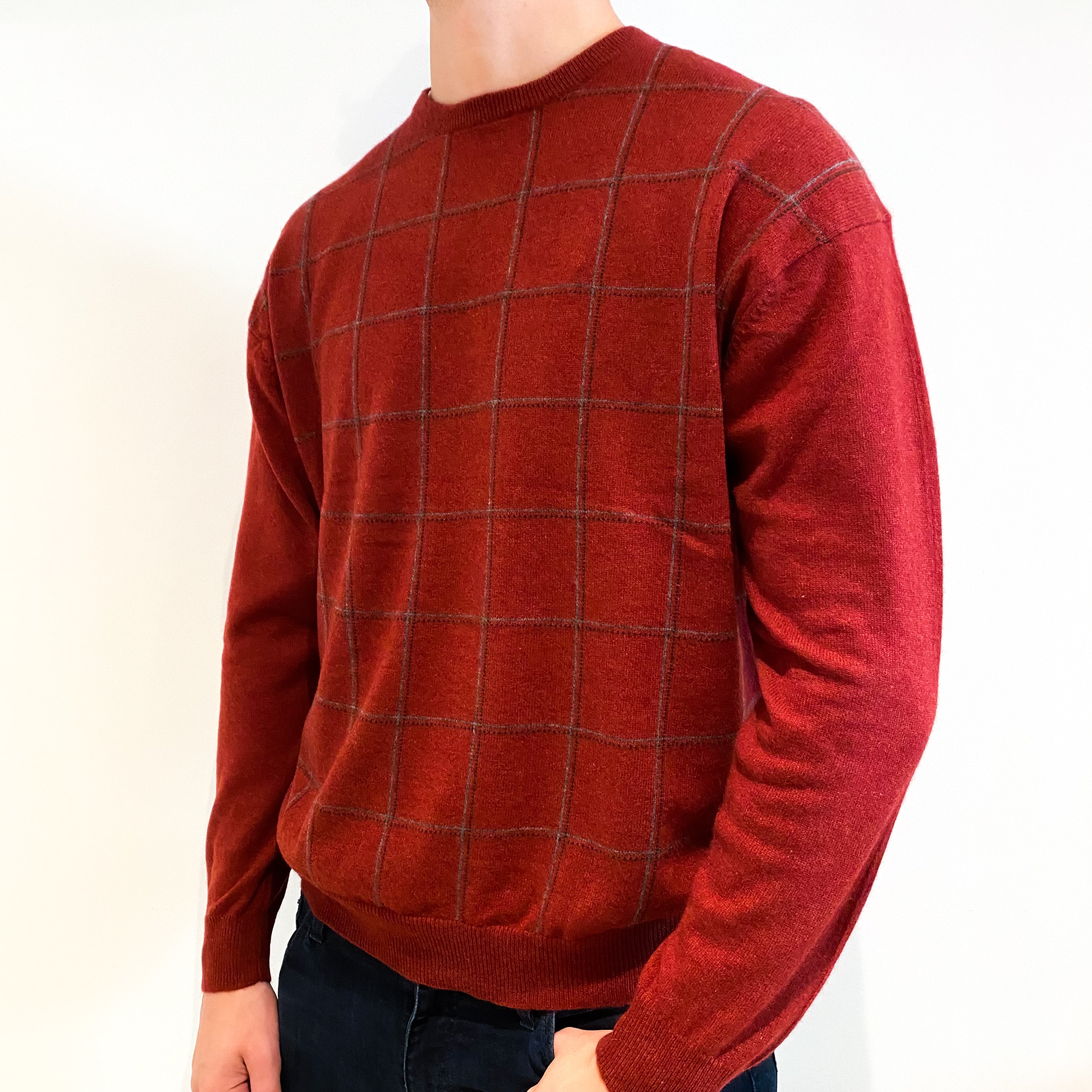 Men's Rust Red Check Cashmere Crew Neck Jumper XXL
