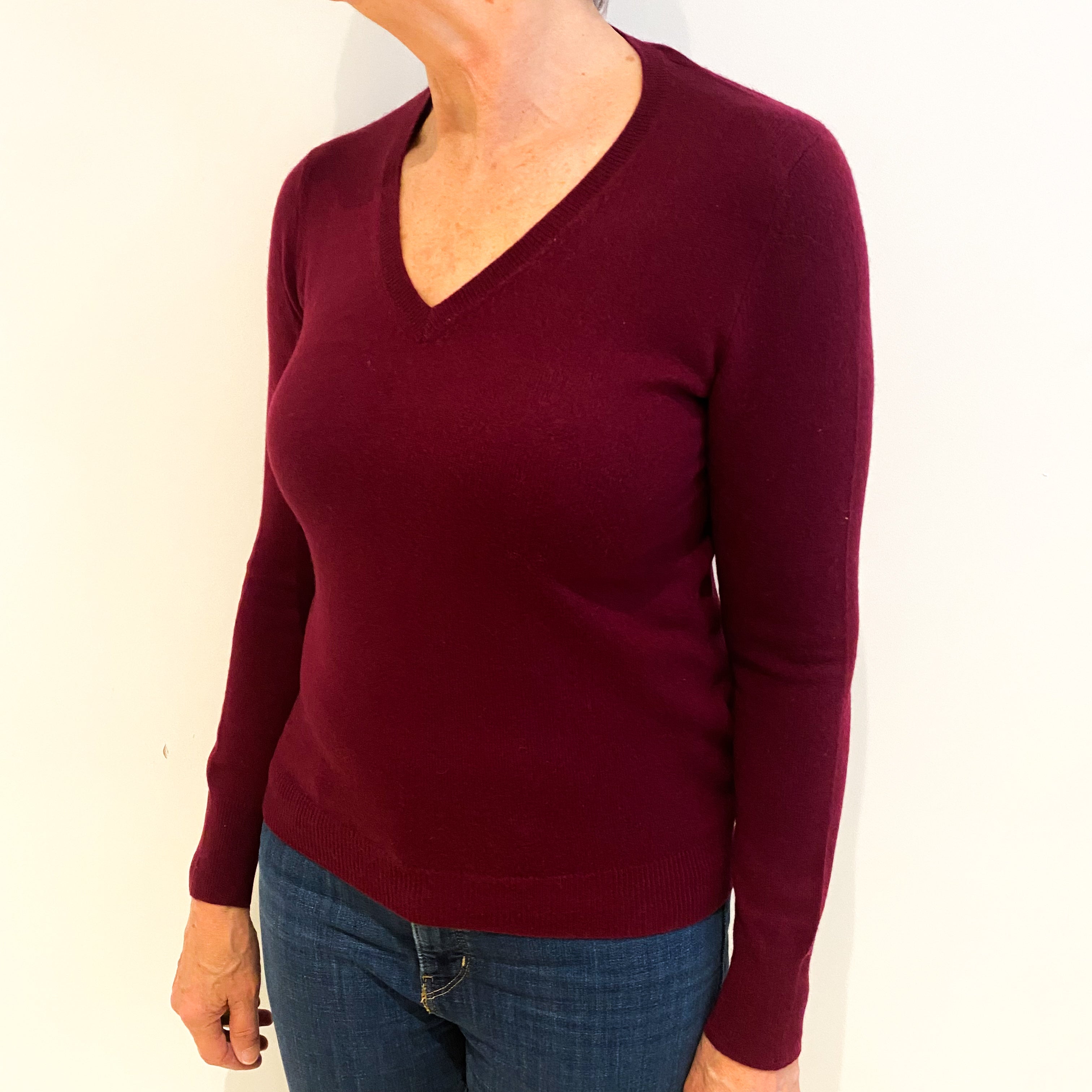 Burgundy Red Cashmere V Neck Jumper Medium