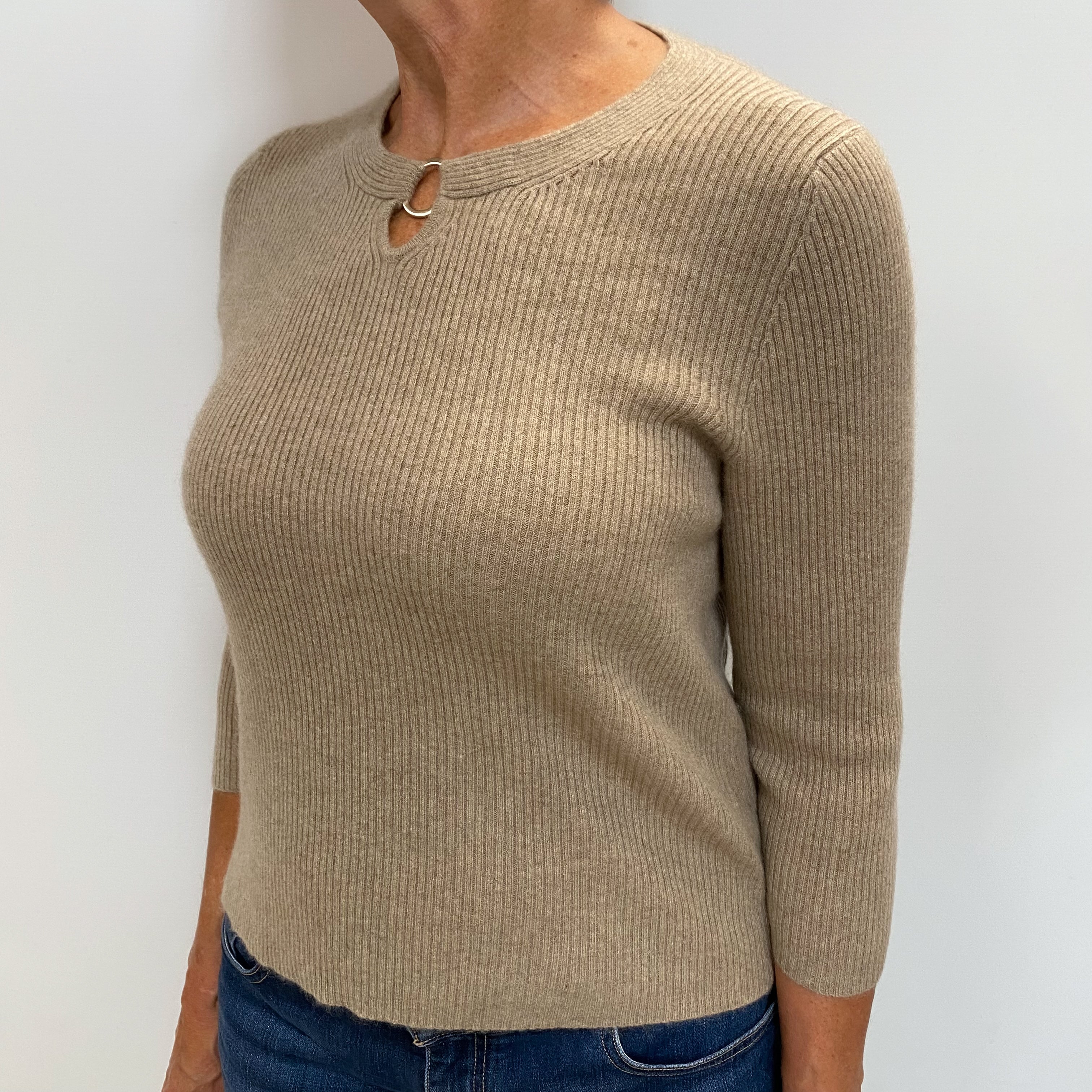 Fawn Beige Cashmere Crew Neck Ribbed Knit Jumper Medium
