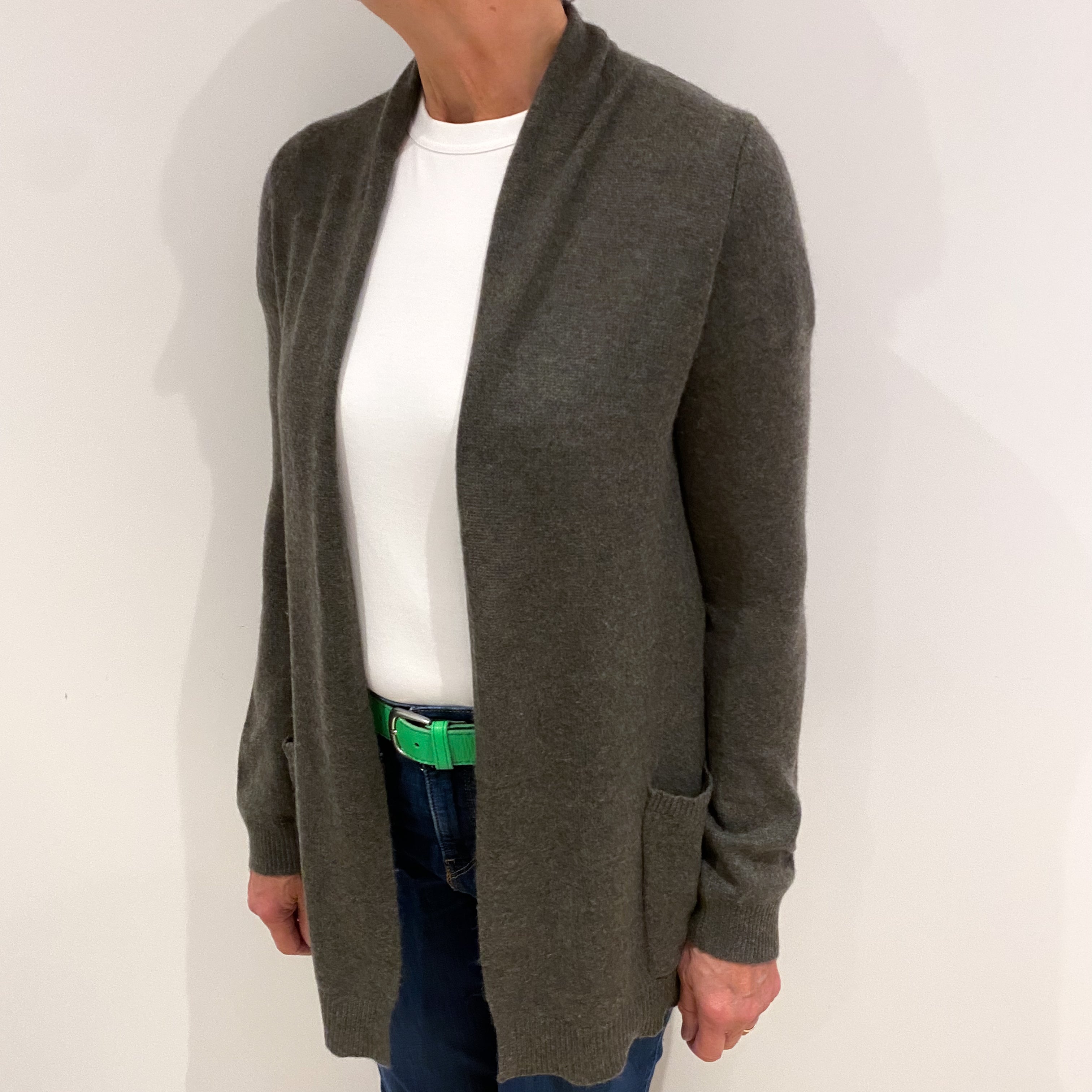 Khaki Green Cashmere Edge to Edge Cardigan Medium