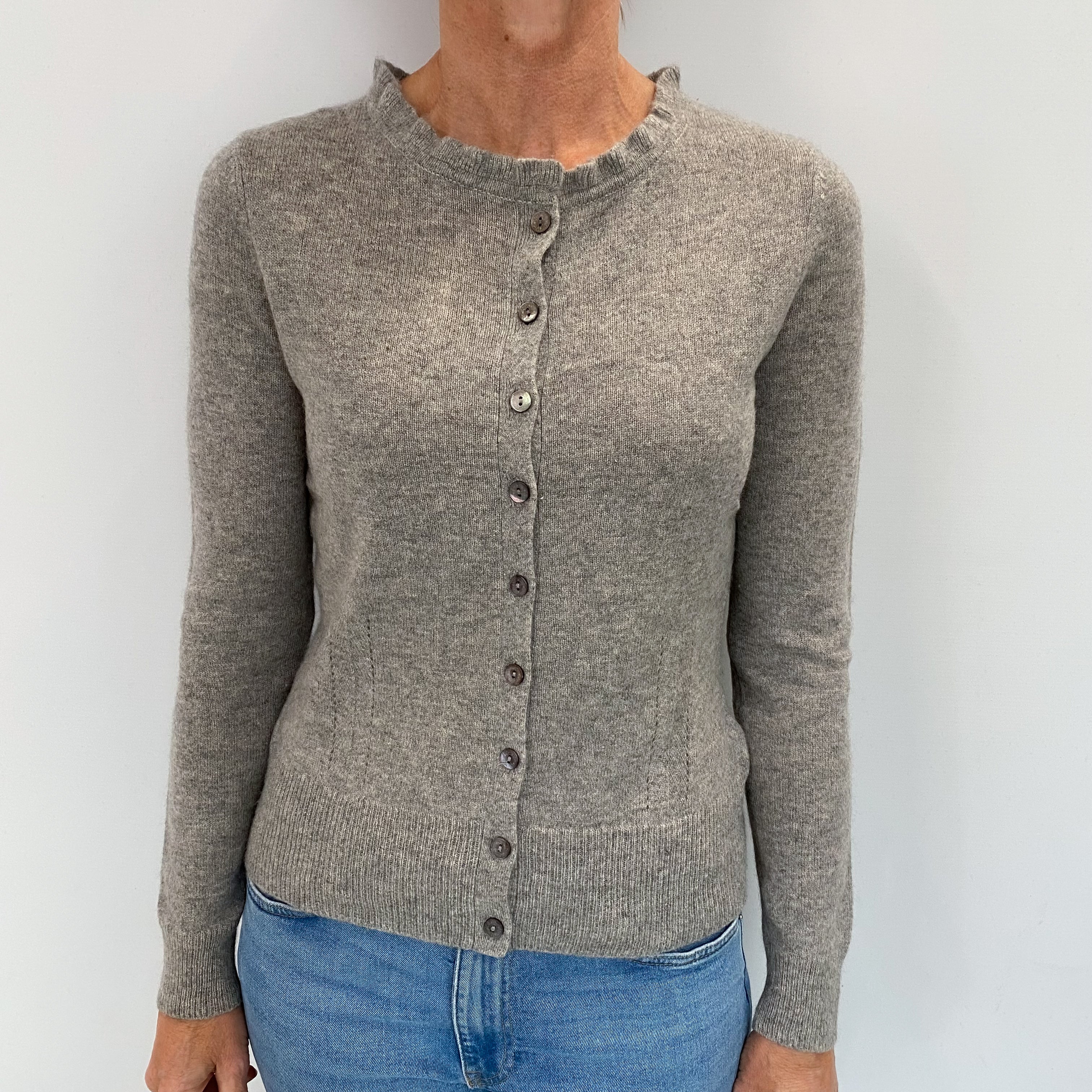 Slate Grey Cashmere Frilled Neck Cardigan Small