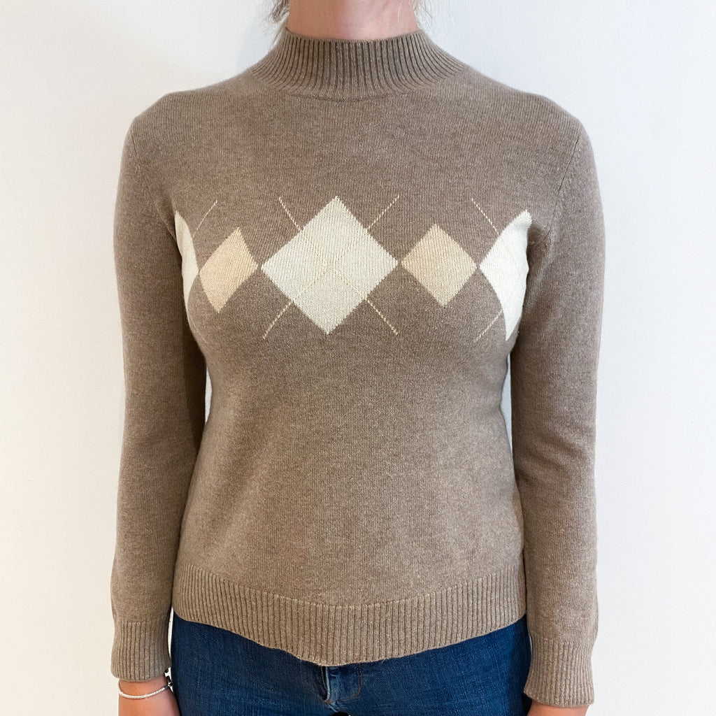 Taupe Brown Cream Diamond Cashmere Turtle Neck Jumper Small