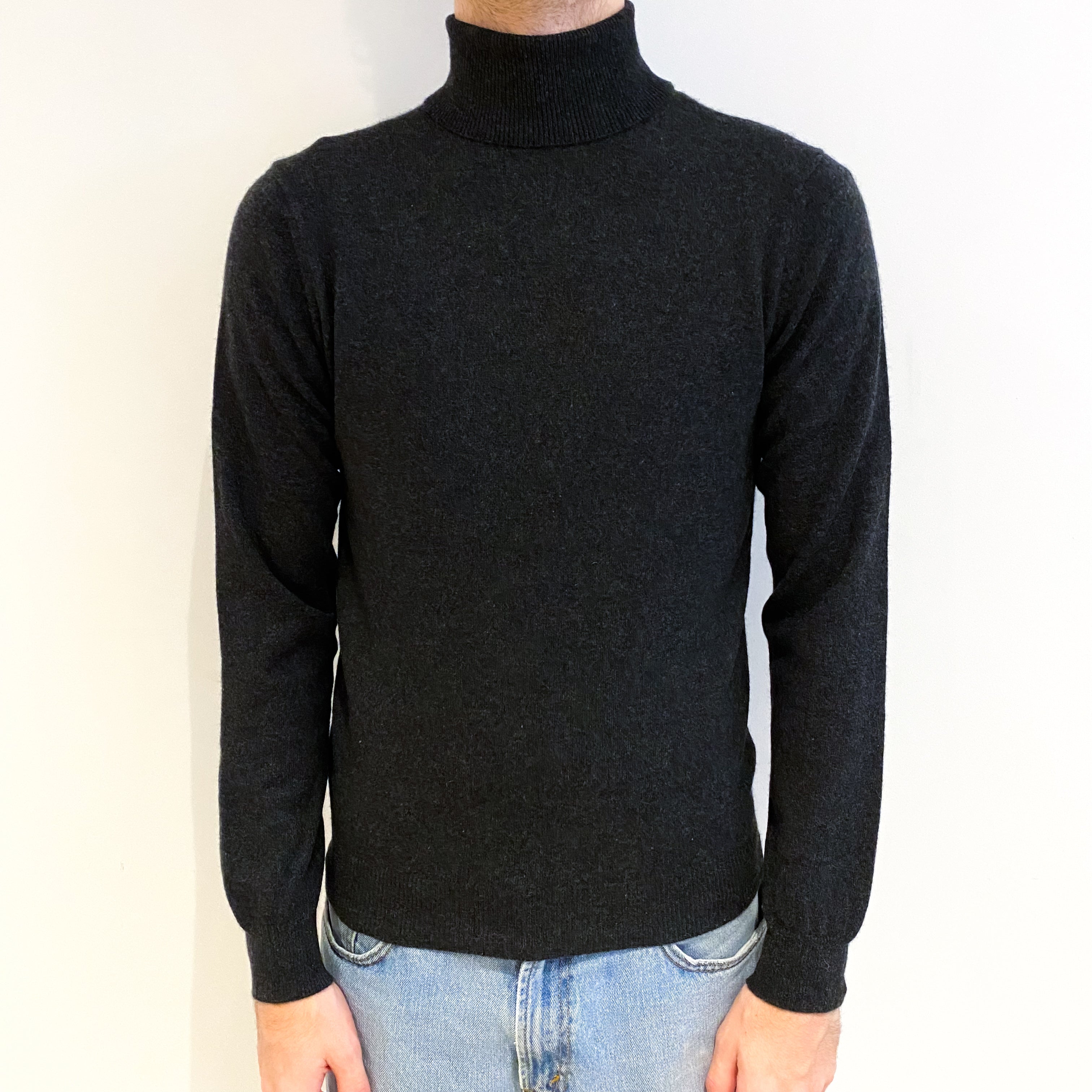 Men's Charcoal Grey Cashmere Polo Neck Jumper Medium