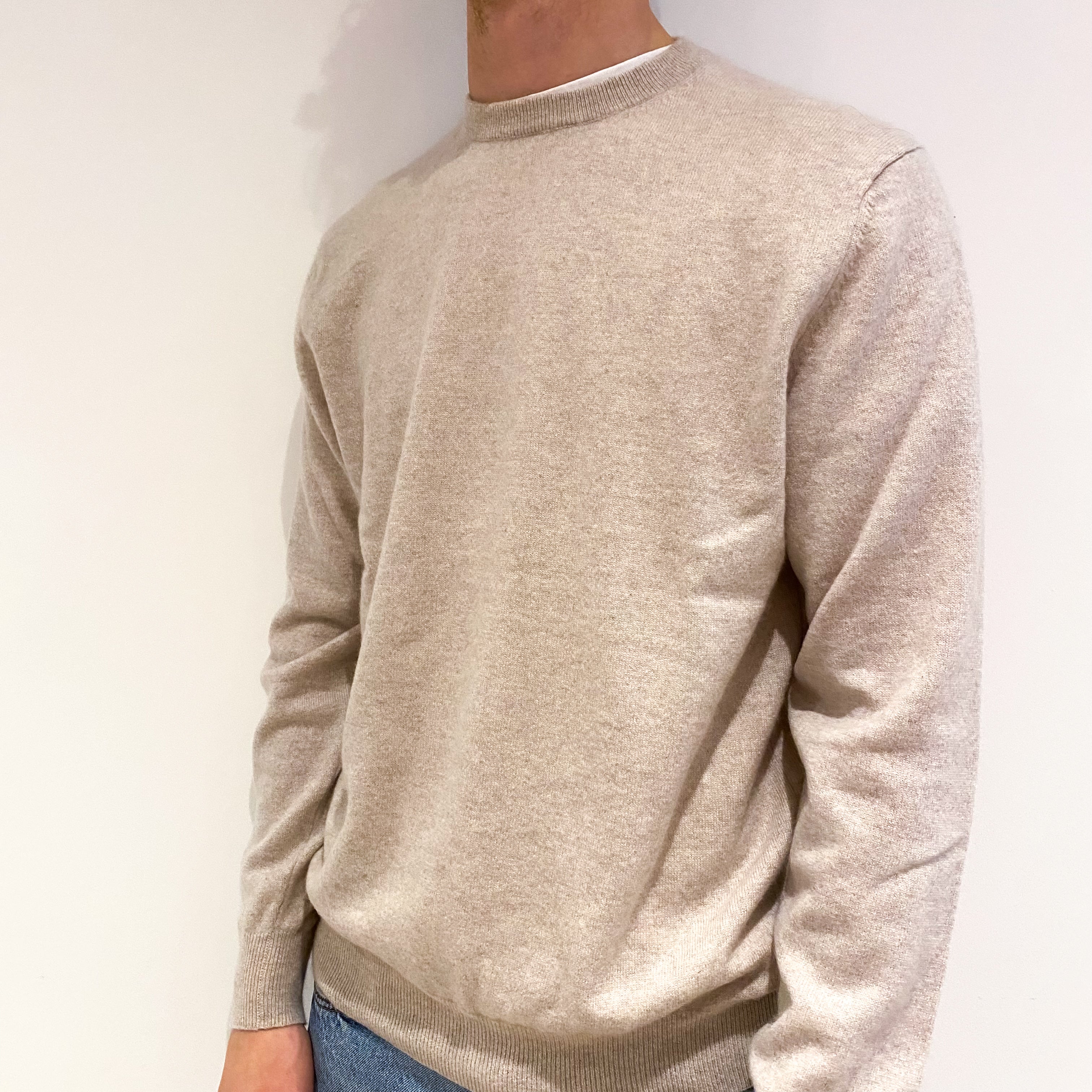 Men's Oatmeal Cashmere Crew Neck Jumper Medium