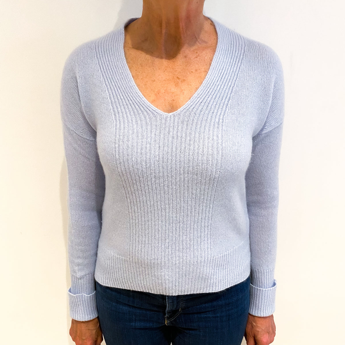 Powder Blue Cashmere V Neck Jumper Medium