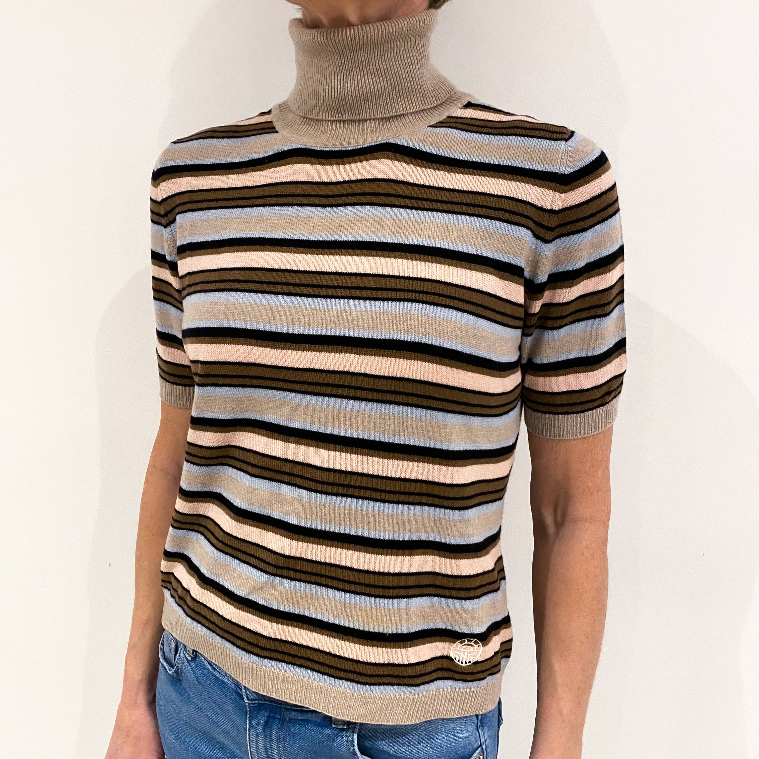 Brown and Black Stripe Cashmere Short Sleeve Polo Neck Jumper Small