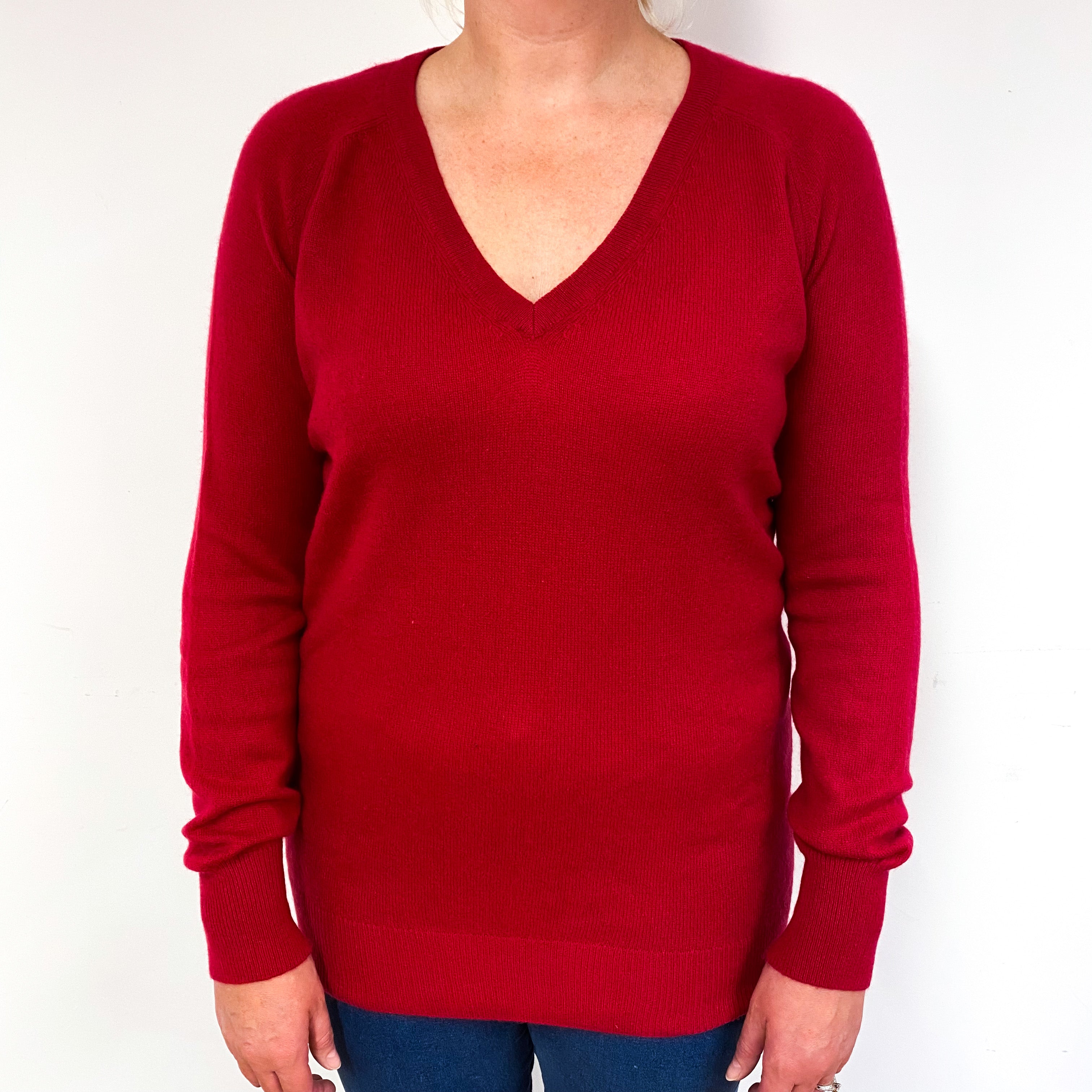 Ruby Red Cashmere Low V-Neck Jumper Large