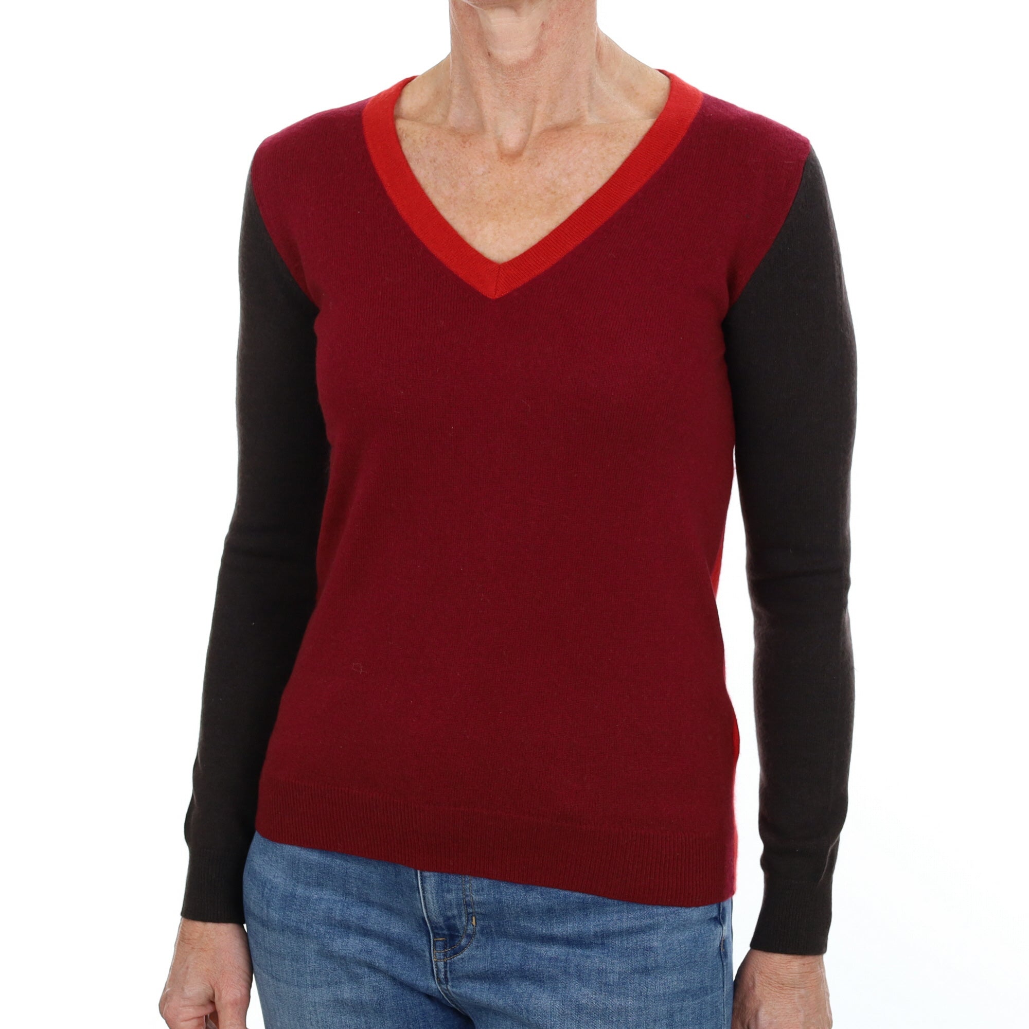 Burgundy Red Colour Block Cashmere V Neck Jumper Small