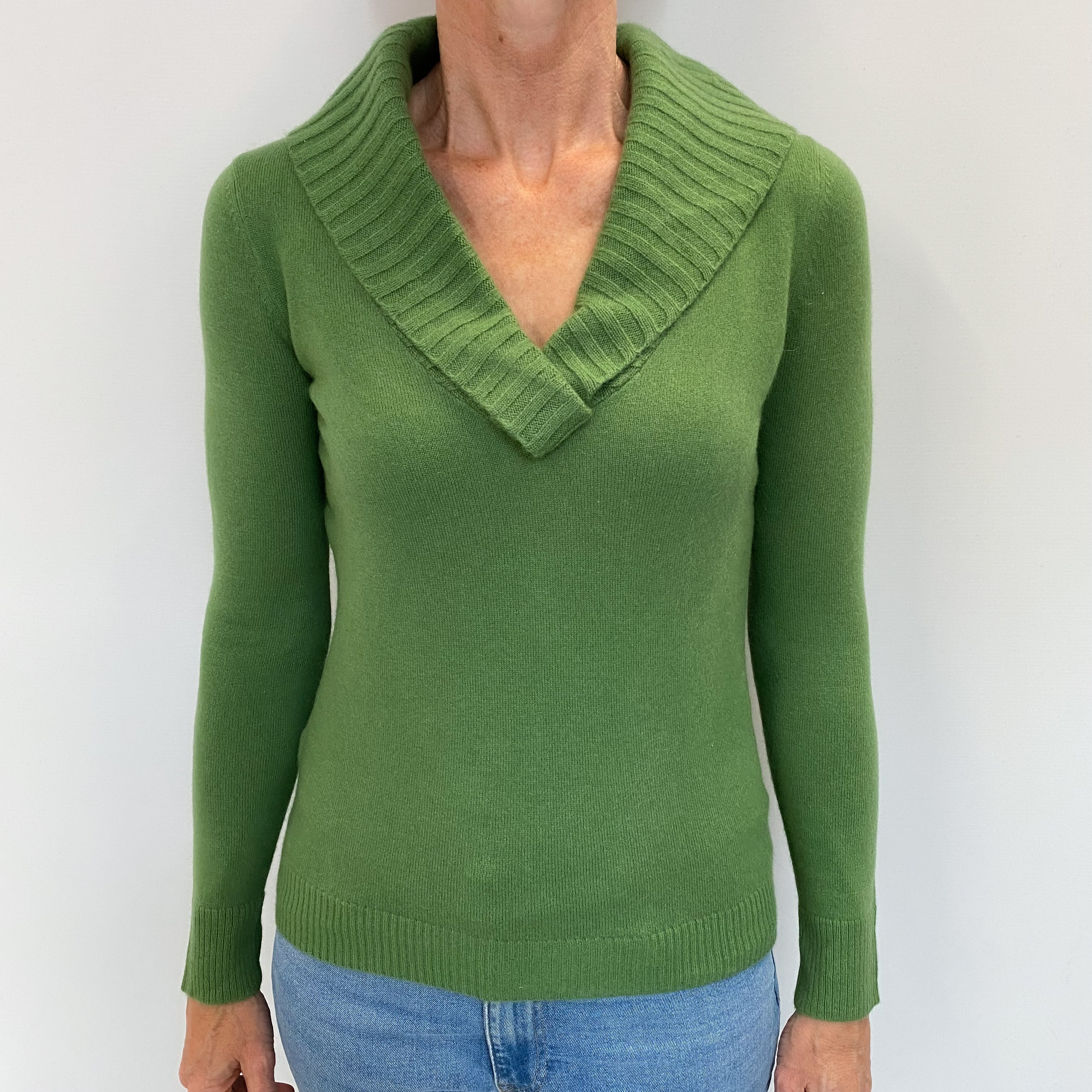 Fern Green Cashmere Shawl V Neck Jumper Small