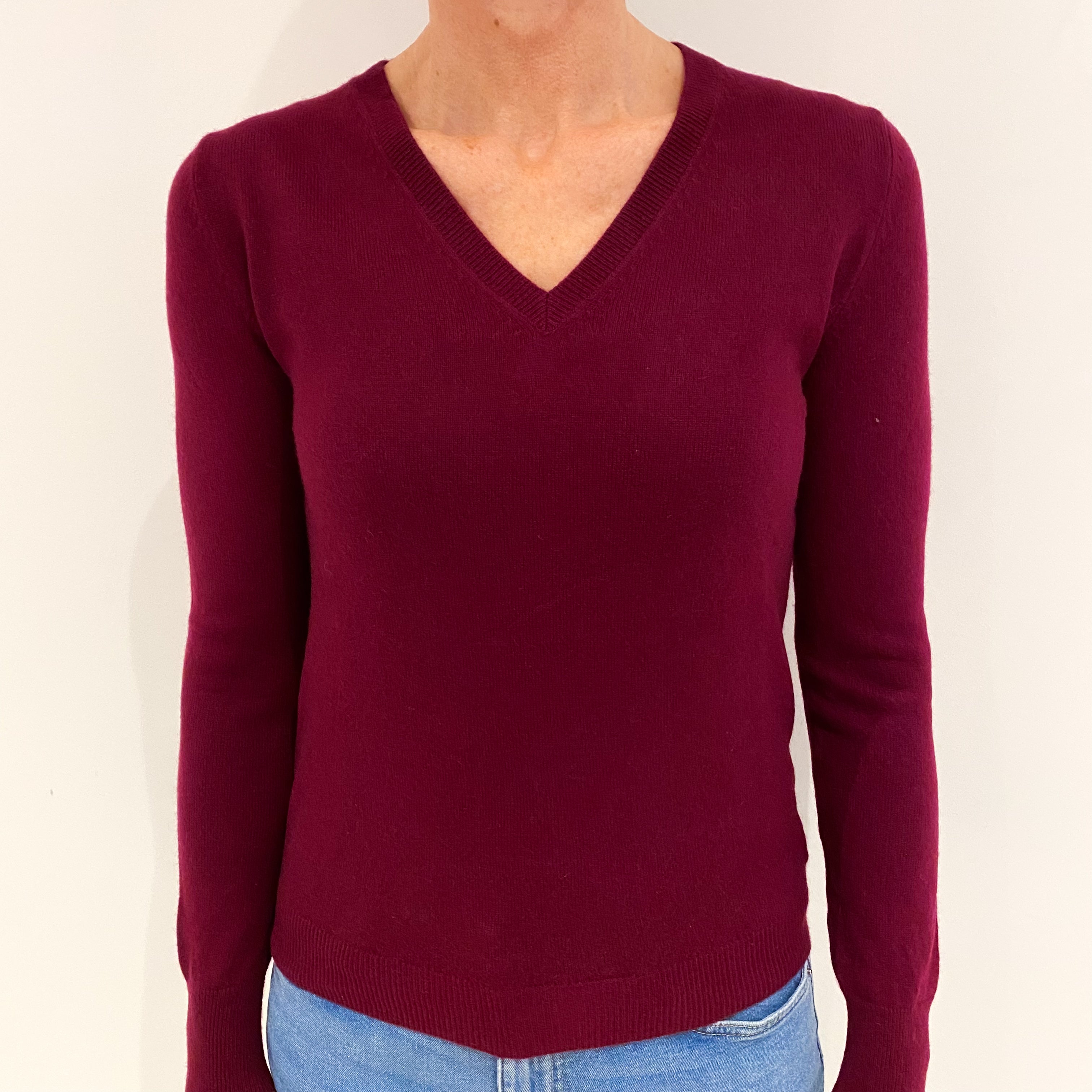 Burgundy Red Cashmere V Neck Jumper Small