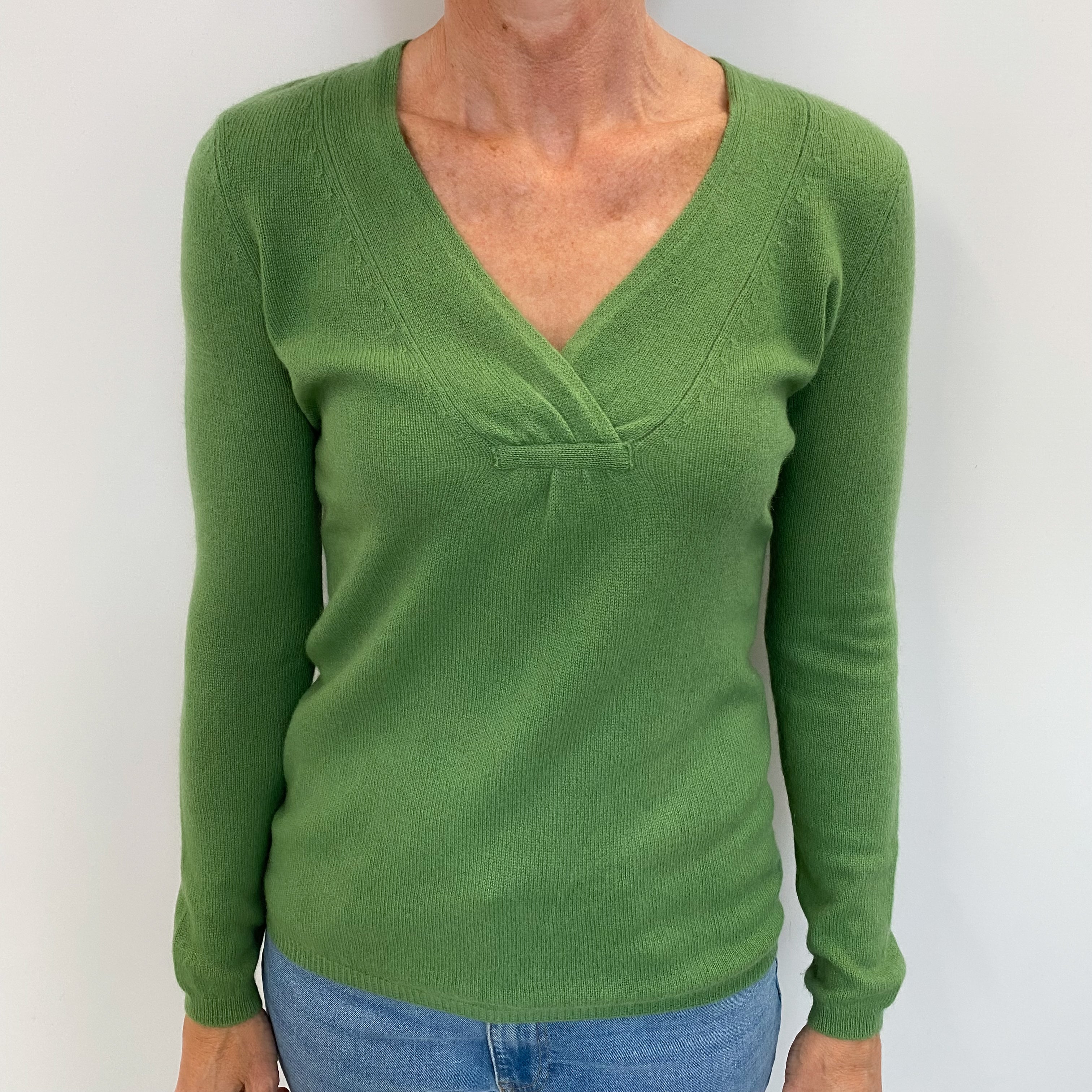 Fern Green Cashmere Cross Over V Neck Jumper Small