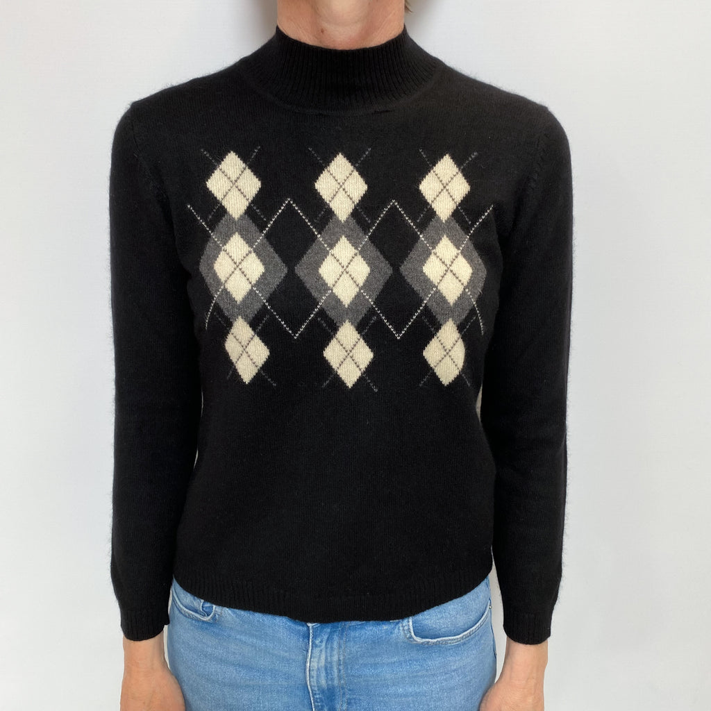 Black Argyle Cashmere Turtle Neck Jumper Small