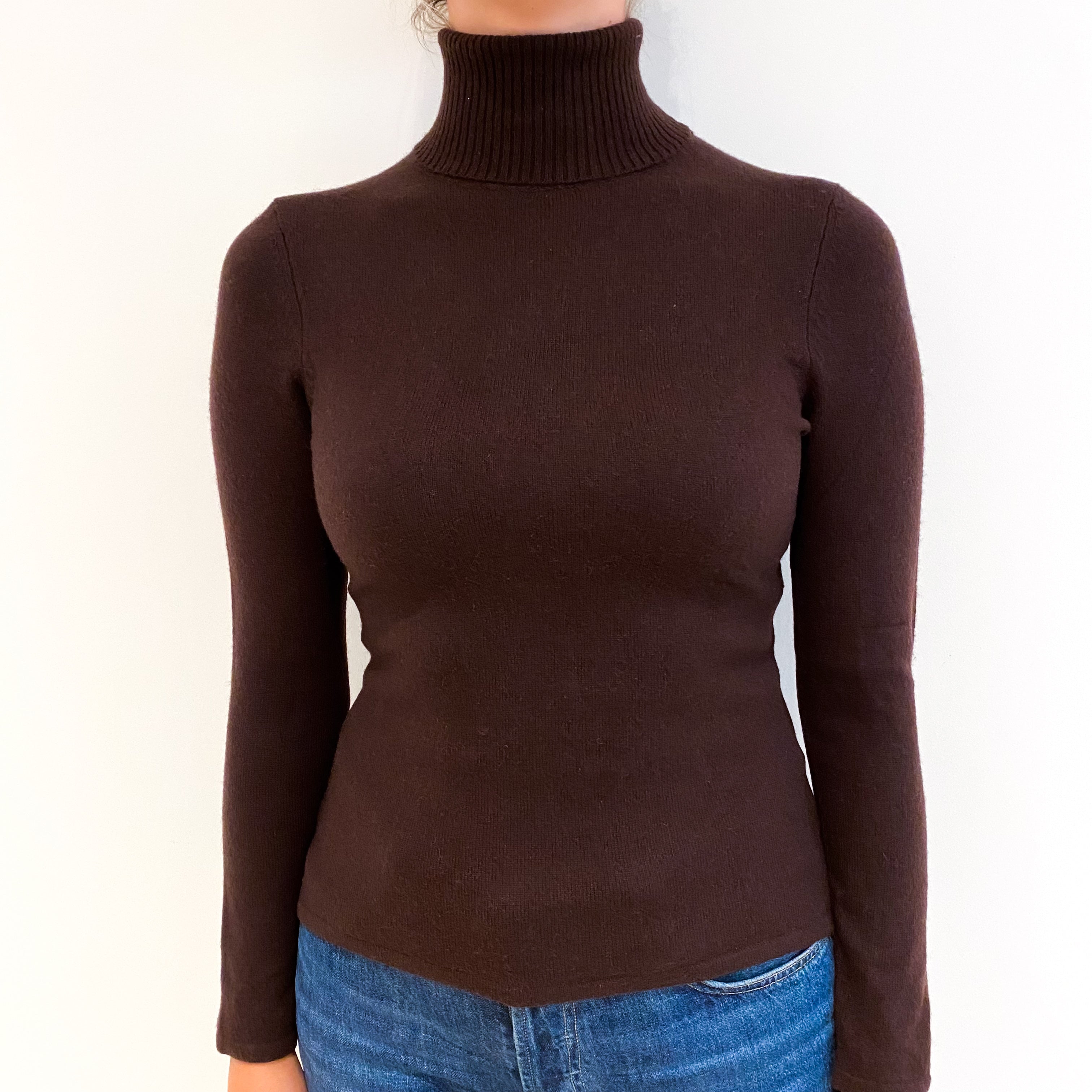 Dark Chocolate Brown Cashmere Polo Neck Jumper Small
