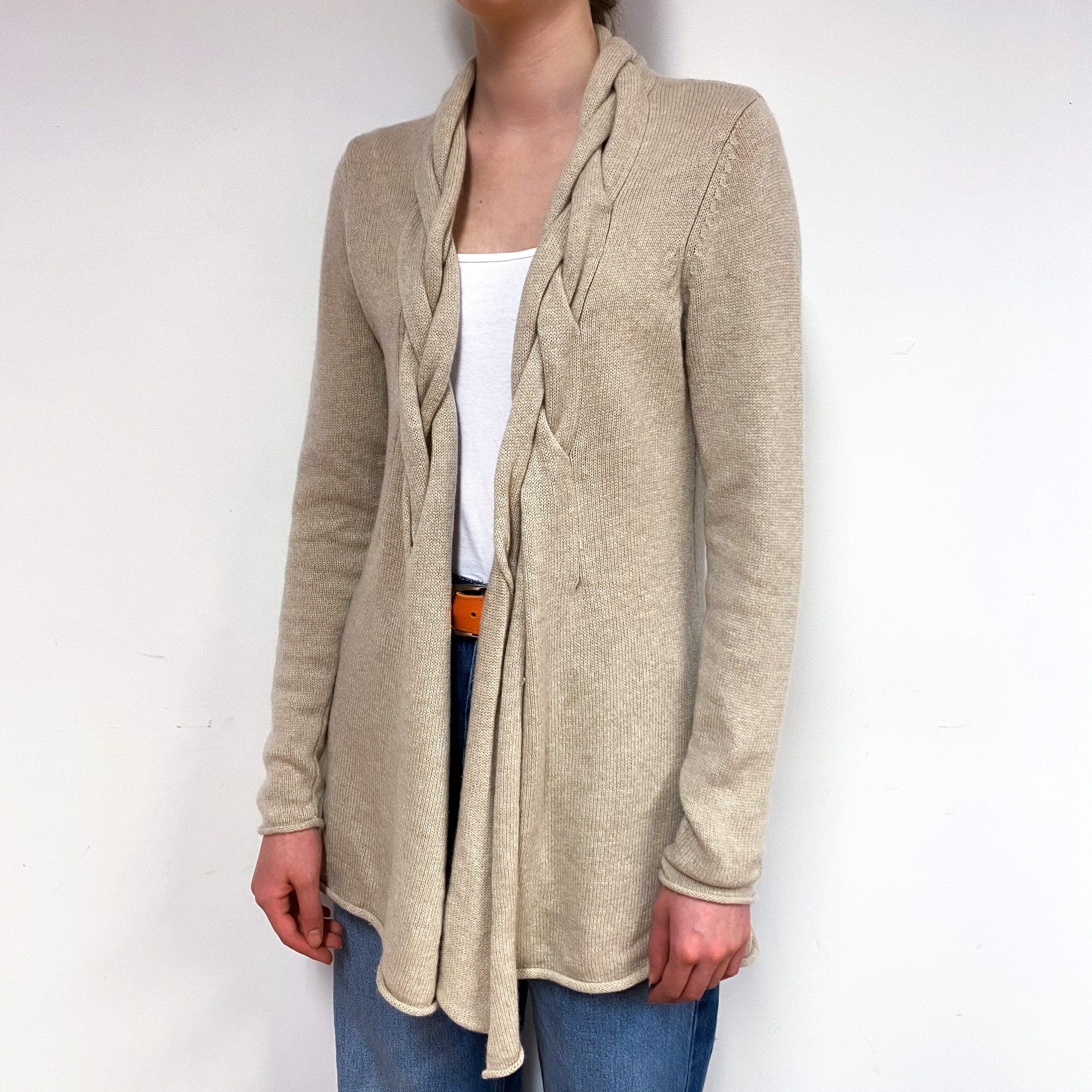 Fawn Beige Cashmere Plaited Edge to Edge Cardigan Extra Small