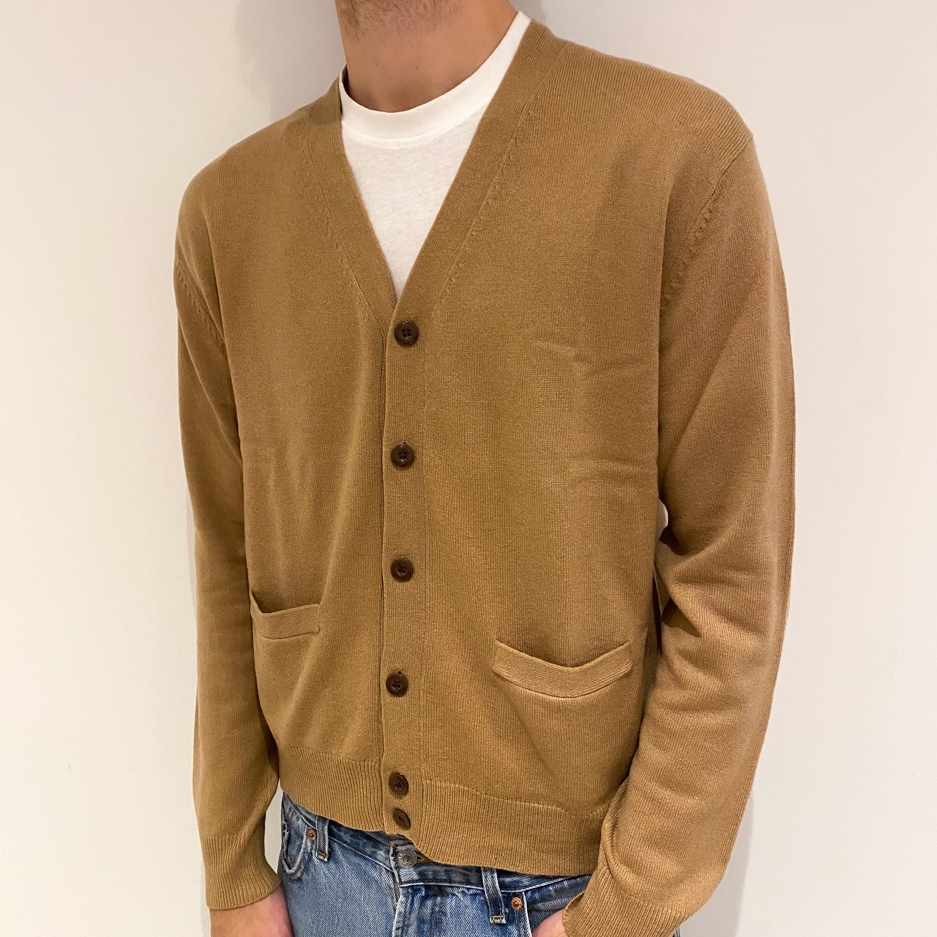 Men's Camel Brown Cashmere V Neck Cardigan with Pockets Large