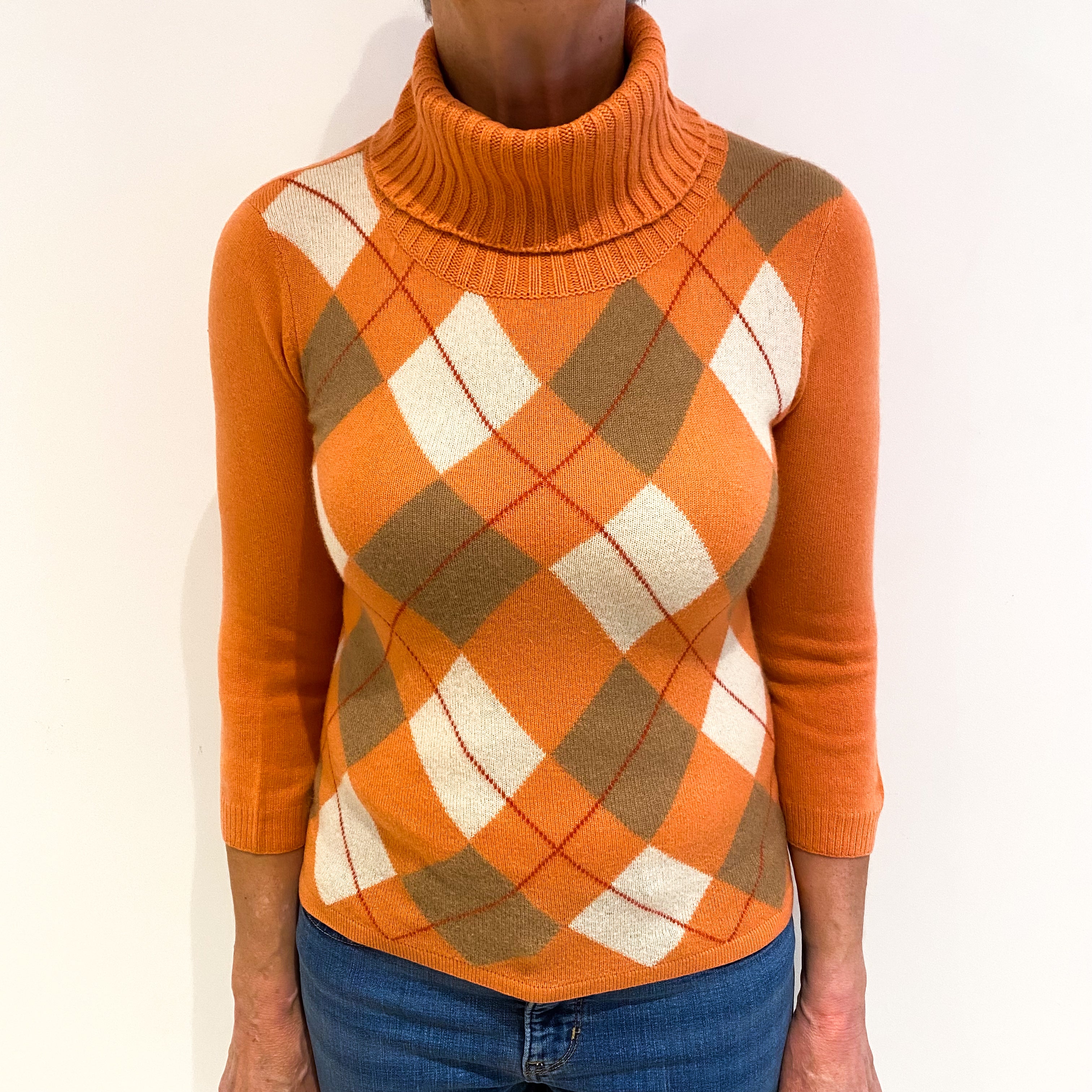 Carol Orange Argyle Cashmere Polo Neck Jumper Medium