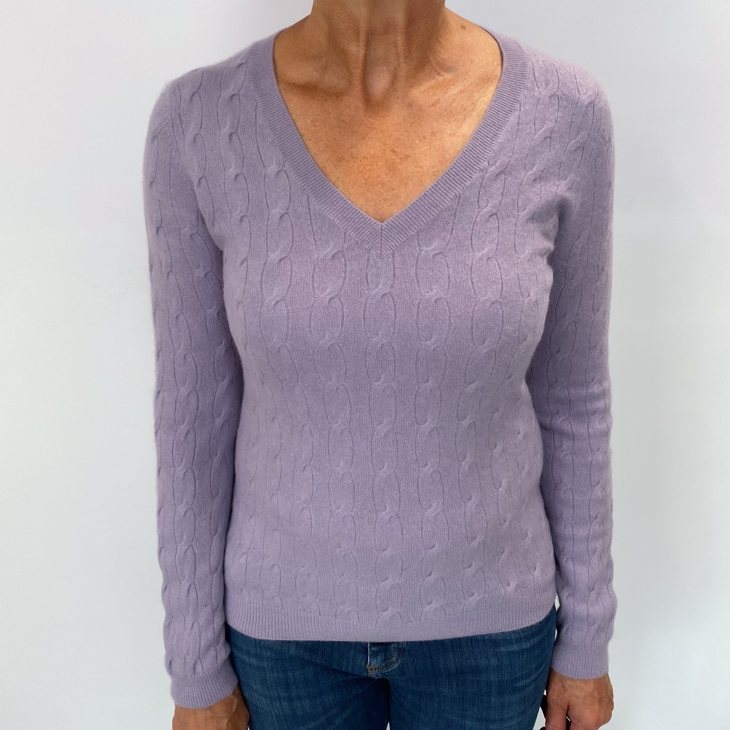Lavender Purple Cashmere V Neck Cable Knit Jumper Medium