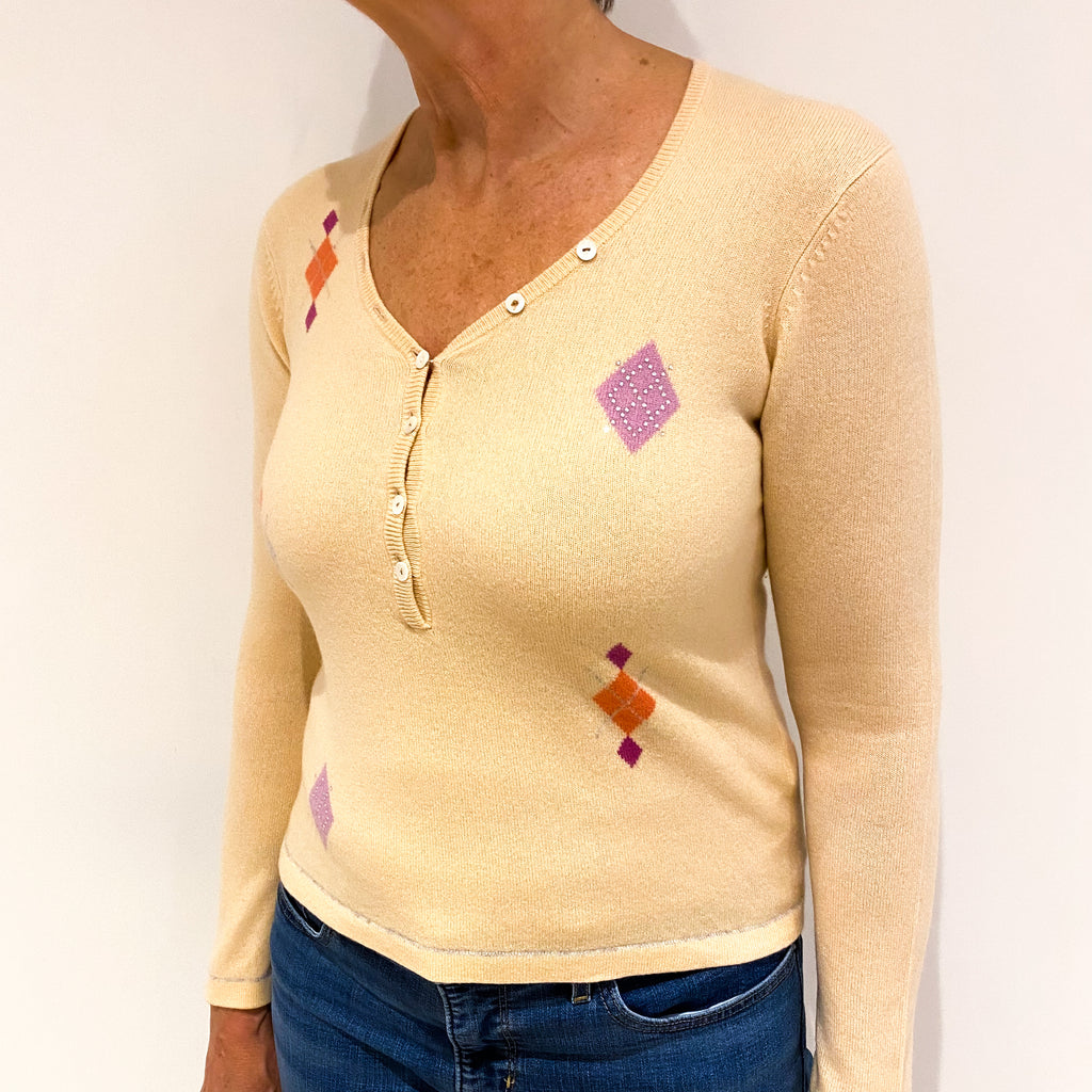 Pale Peach Patterned Cashmere Buttoned V Neck Jumper Medium