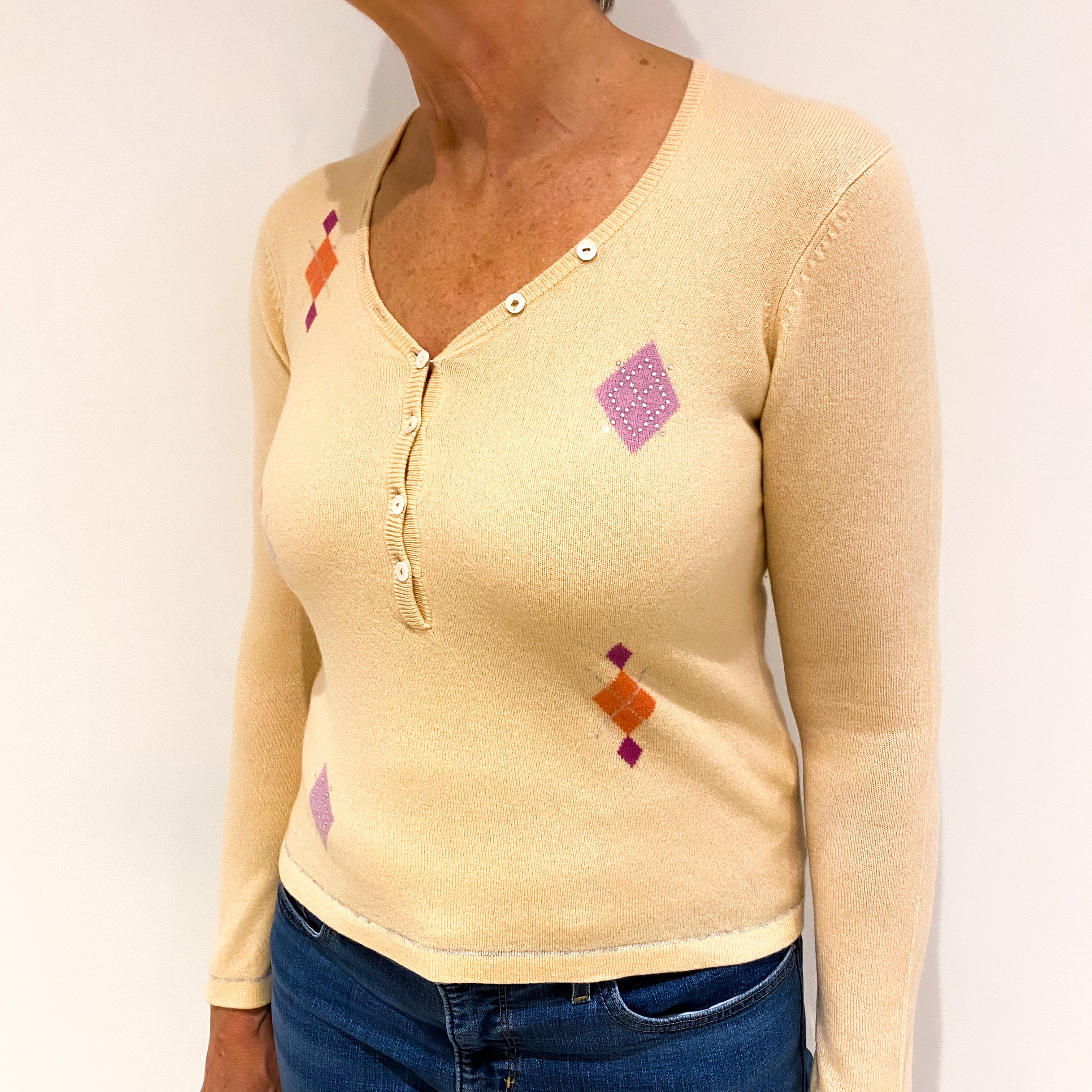 Pale Peach Patterned Cashmere Buttoned V Neck Jumper Medium