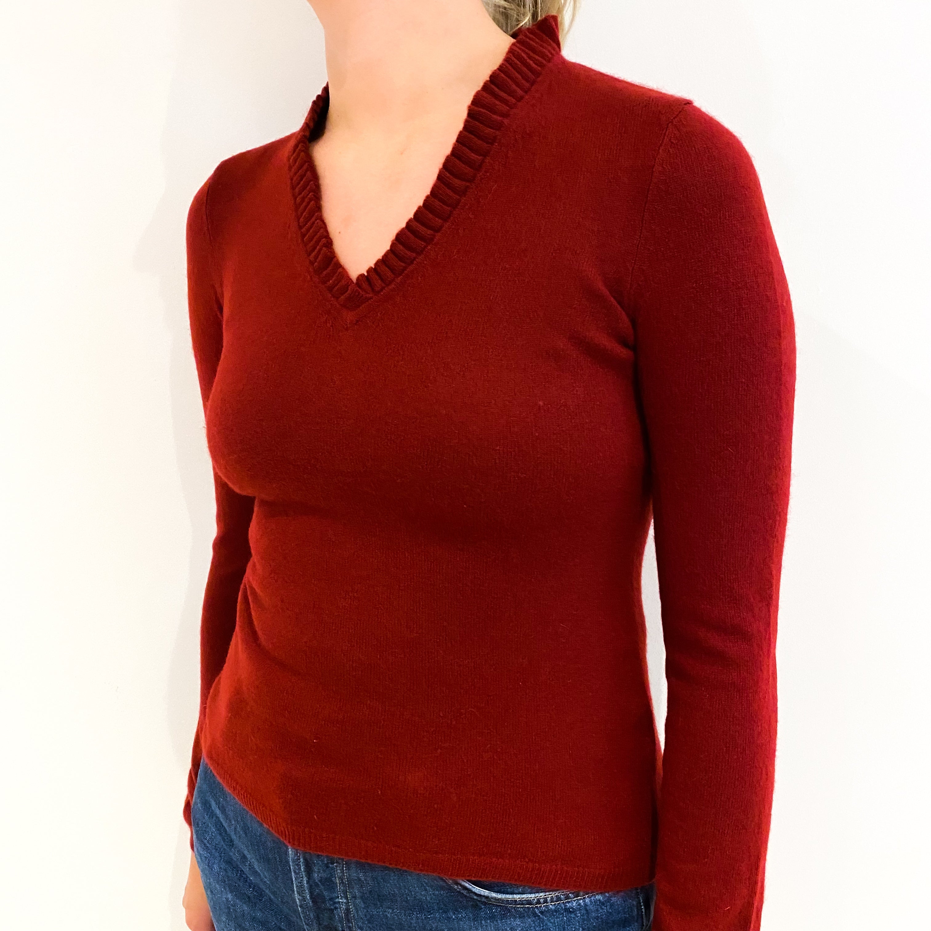 Burgundy Red Cashmere V-Neck Jumper Small