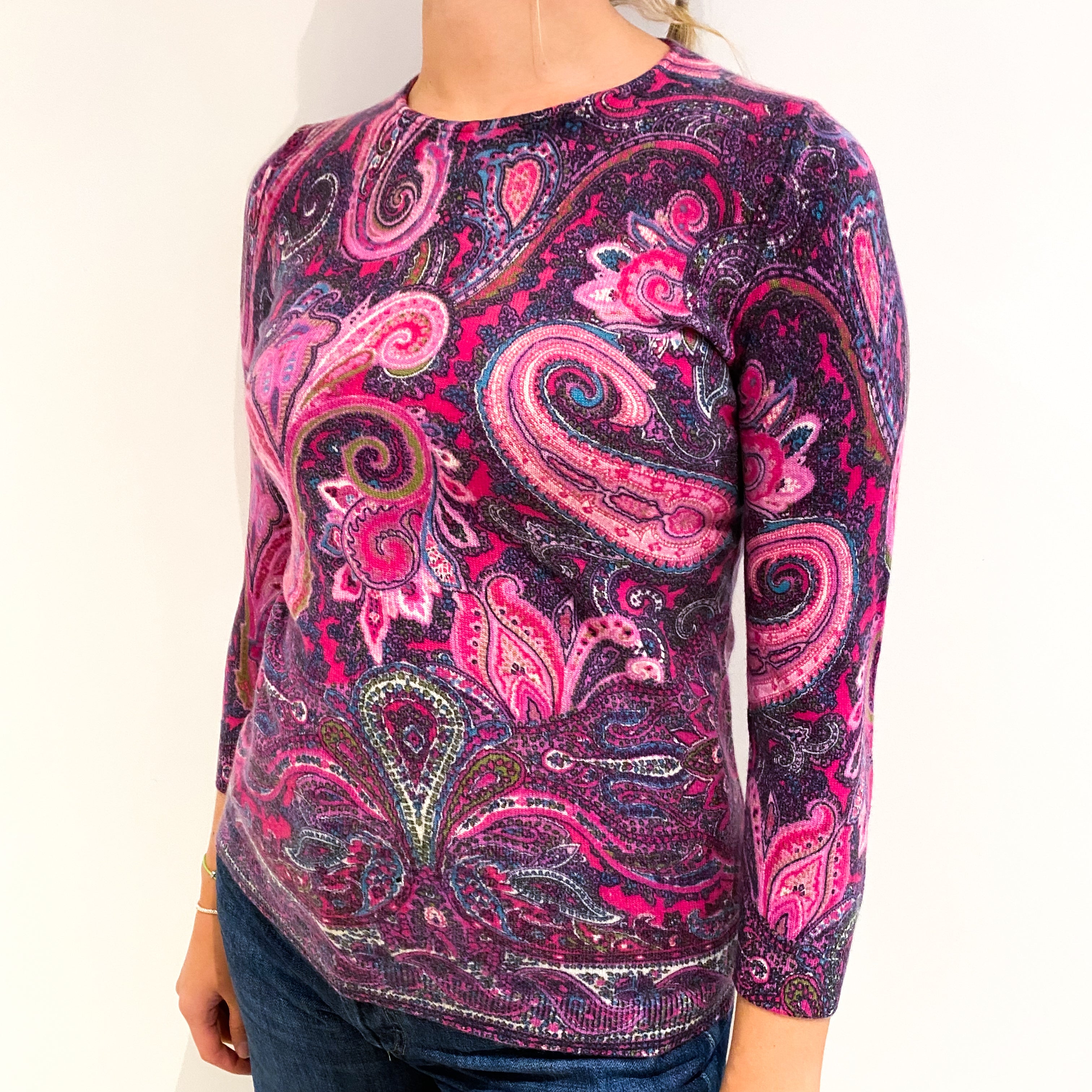 Pink and Purple Paisley Cashmere Crew Neck Jumper Small