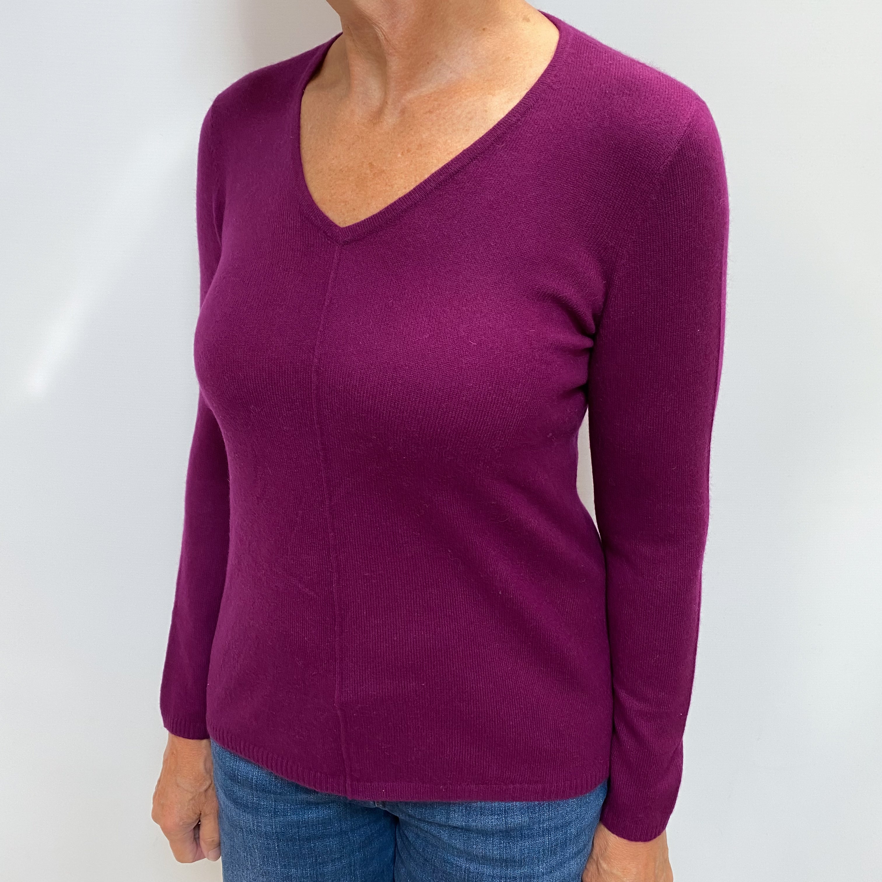 Magenta Purple Cashmere V Neck Jumper Medium