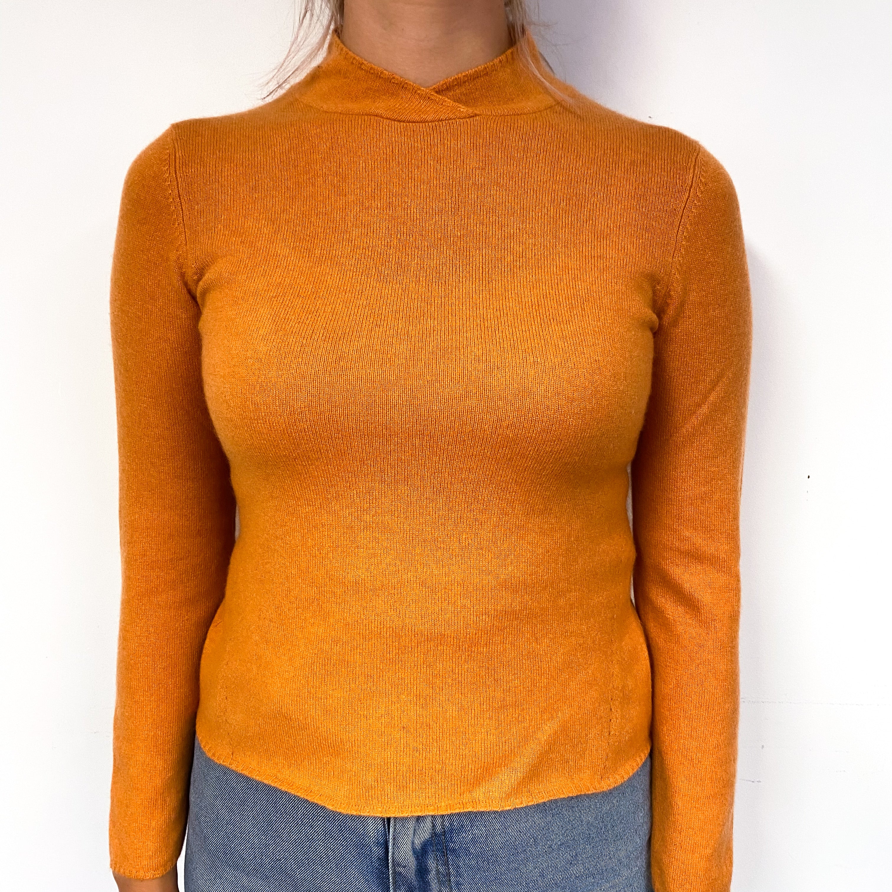 Pumpkin Orange Shawl Collar Cashmere Crew Neck Jumper Small