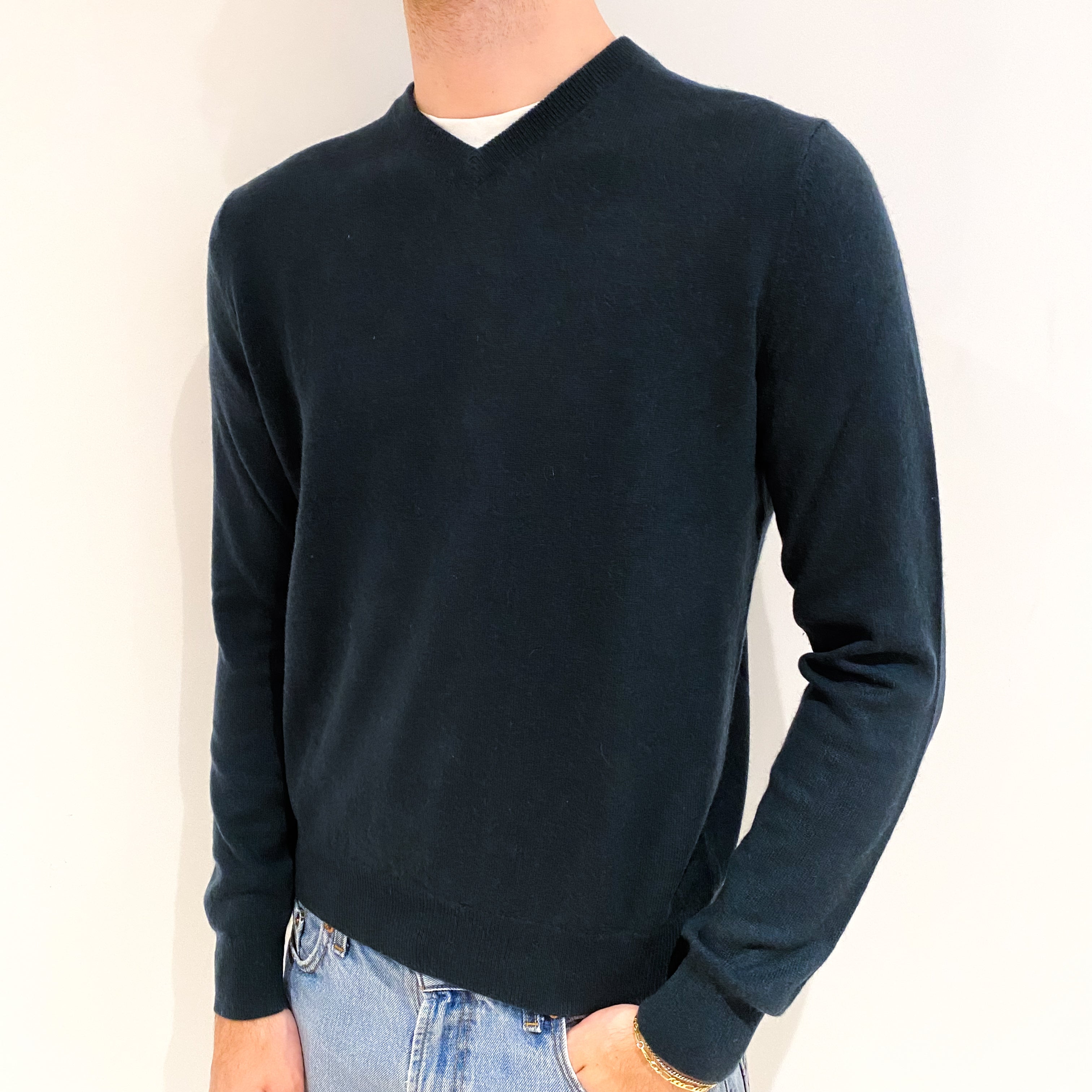 Men's Dark Forest Green Cashmere V Neck Jumper Medium